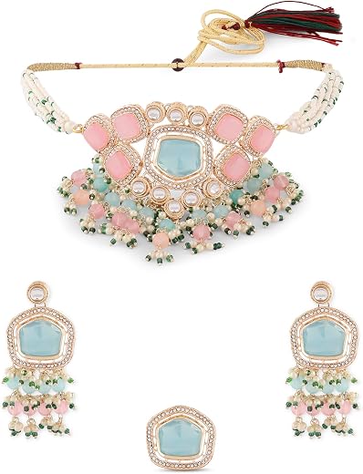 ZAVERI PEARLS Turquoise Blue & Pink Kundan Stones & Beads Choker Necklace Earring & Ring Set For Women-ZPFK16582
