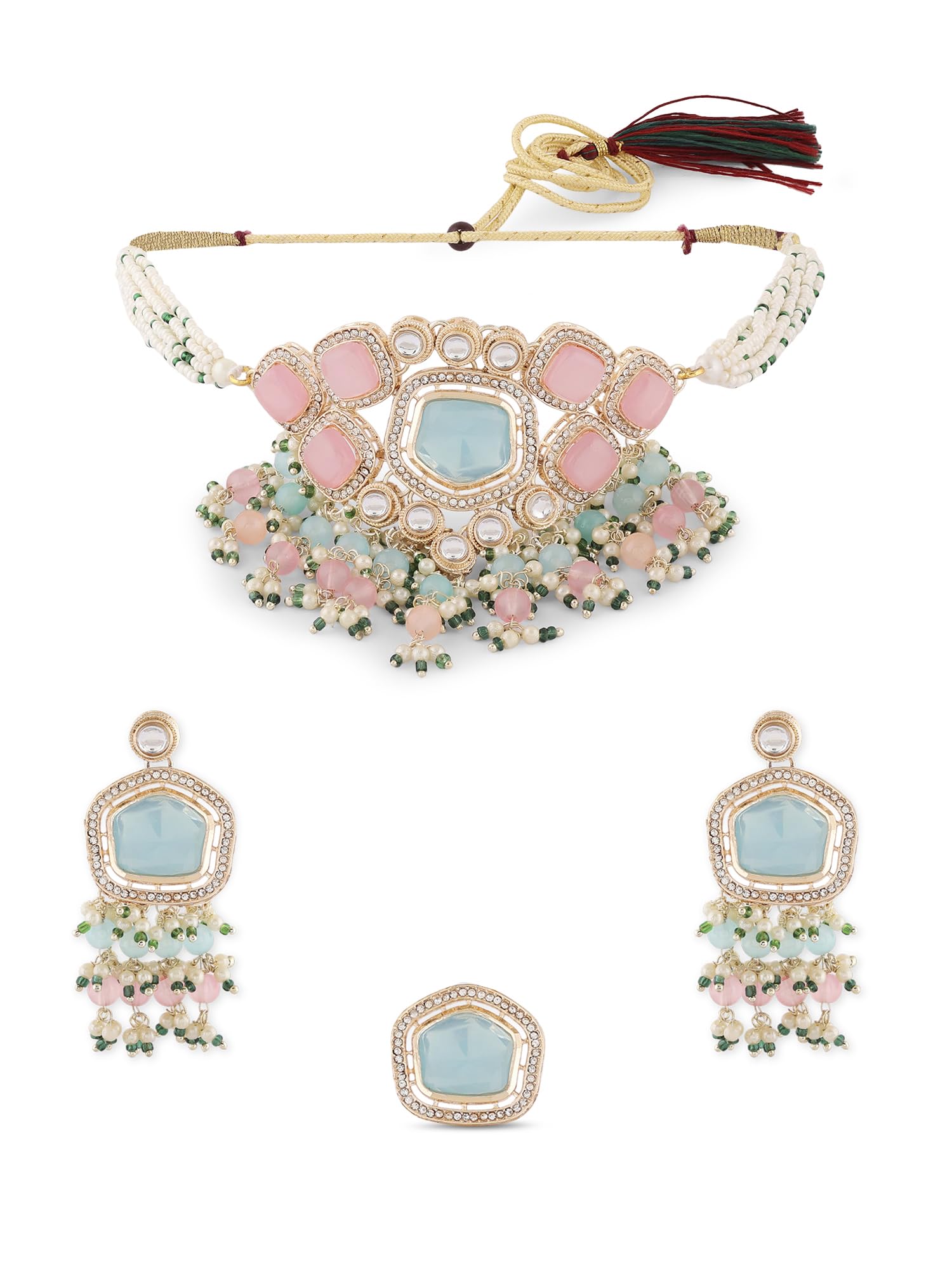 ZAVERI PEARLS Turquoise Blue & Pink Kundan Stones & Beads Choker Necklace Earring & Ring Set For Women-ZPFK16582
