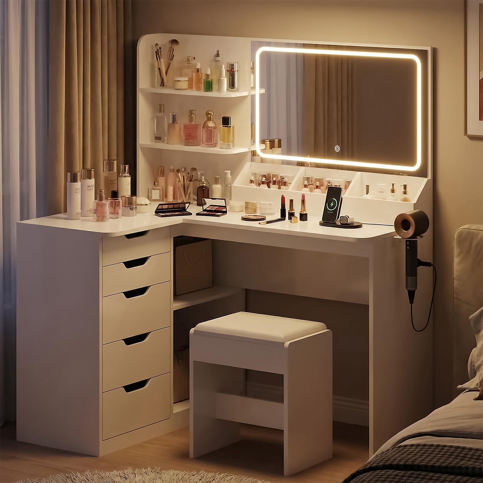 JUMMICO Schminktisch mit Spiegel und Licht, Eck Schminktisch L Hocker mit Beleuchtung LED 3 Farben, Make Up Table 120 breit mit 5 Schubladen und Steckdosen, Weiß