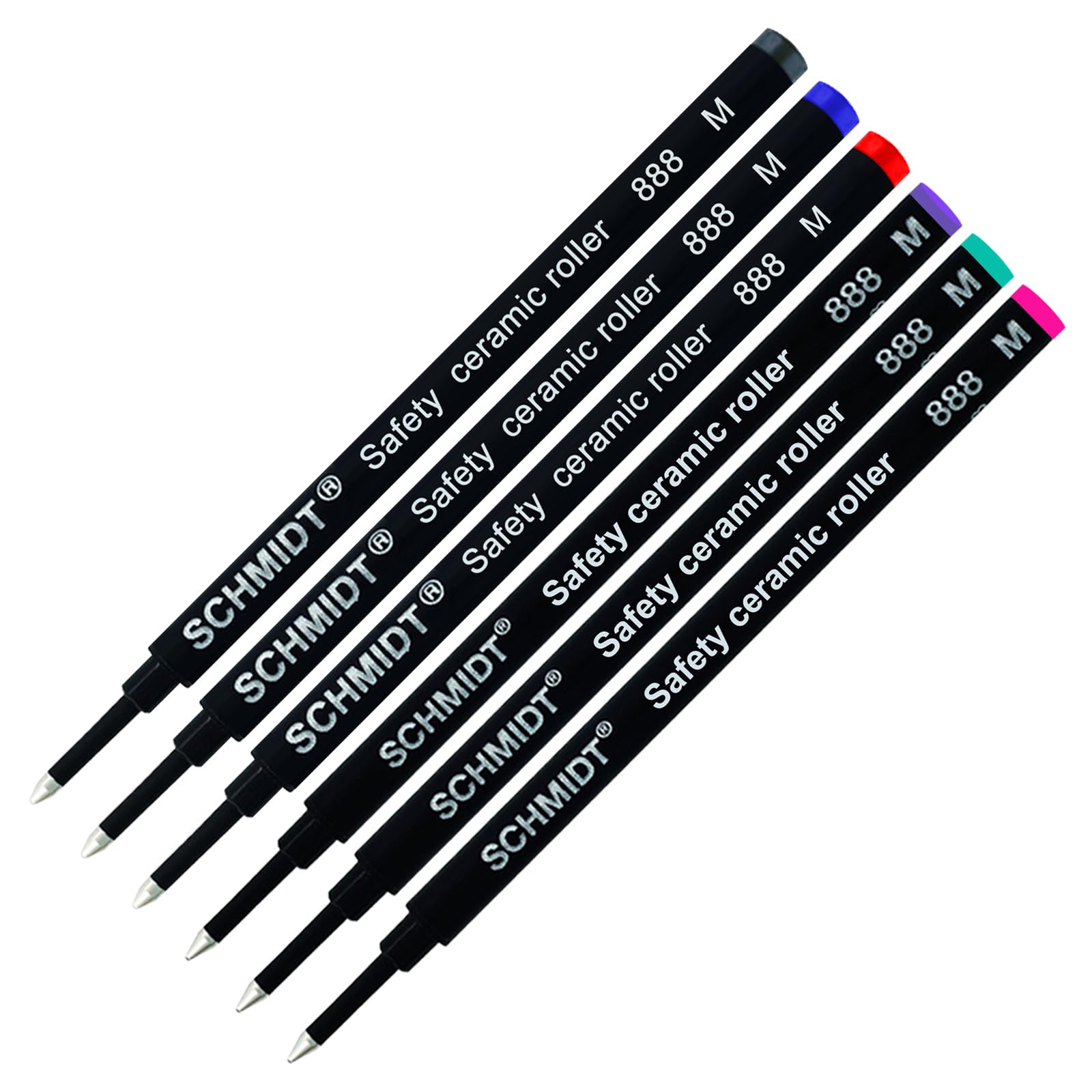 Schmidt 888 M Safety Ceramic Rollerball Refill - Black, Blue, Red, Violet, Turquoise & Magenta Ink (Medium Tip 0.7mm) - Pack of 6