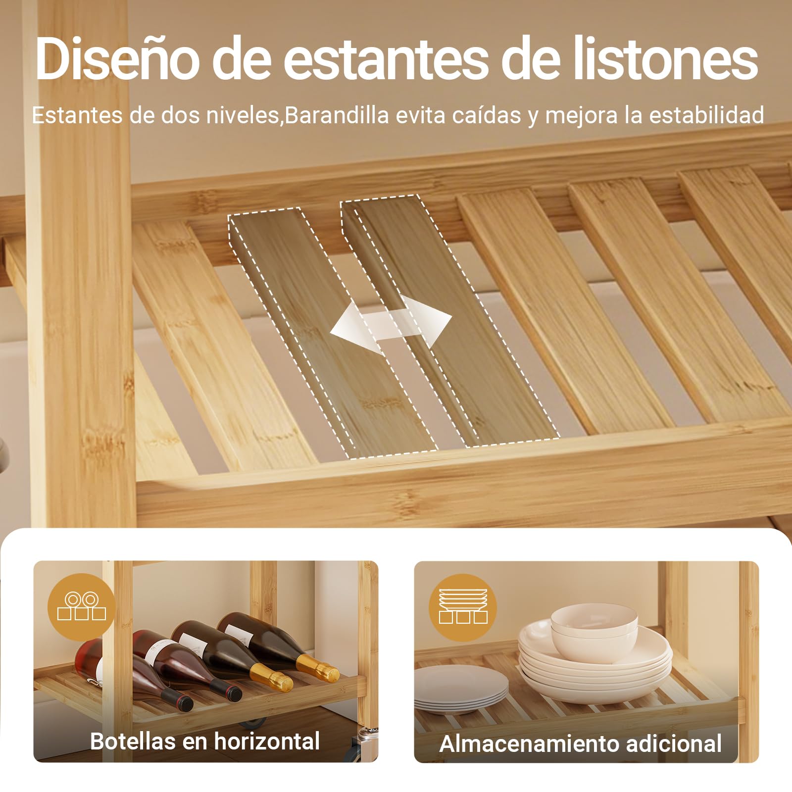 SoBuy Carrito de Cocina con Ruedas, cajón y 2 estantes, 58x40x86 cm | Carro de cocina de bambú carbonizado, 50 kg, antibacteriano y fácil de limpiar, para cocina y comedor, FKW135-N