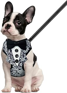 BINGFPET Dog Tuxedo Harness,Adjustable Reflective Dog Vest Harness and Leash Set Soft Mesh Padded,Formal Pet Wedding Outfit with Bow Tie Party Costume for Puppy Small Medium Dogs(Navy Blue,S)