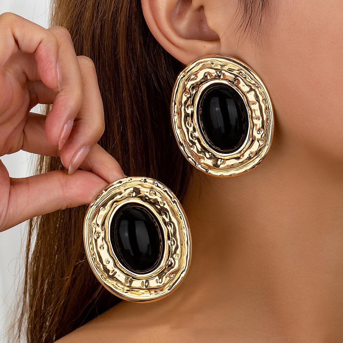 Gold Statement Earrings for Women,Chunky Vintage Extra Big Oval Dangle Drop Turquoise Earrings,Black Boho Exaggerated Western Eerrings Jewelry Accessories - Image 2