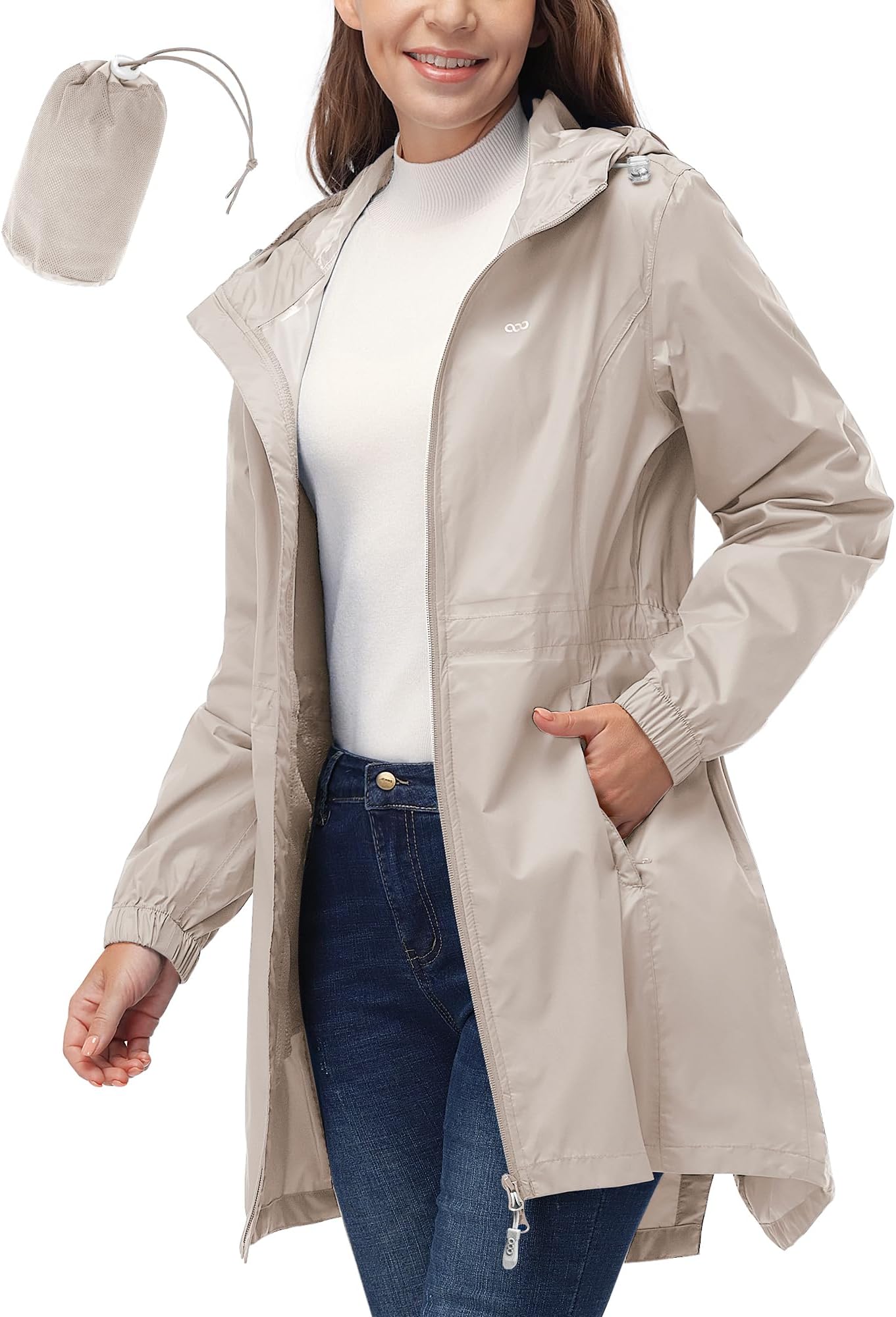 33,000ft Women's Waterproof Long Rain Coats Packable Rain Jacket with Hood Trench Coats Windbreaker