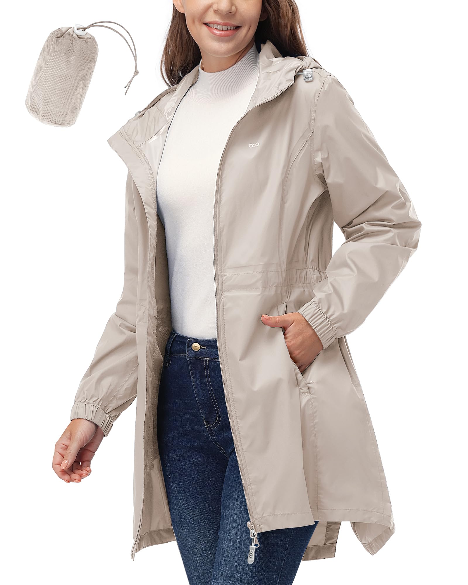 33,000ft Women's Waterproof Long Rain Coats Packable Rain Jacket with Hood Trench Coats Windbreaker
