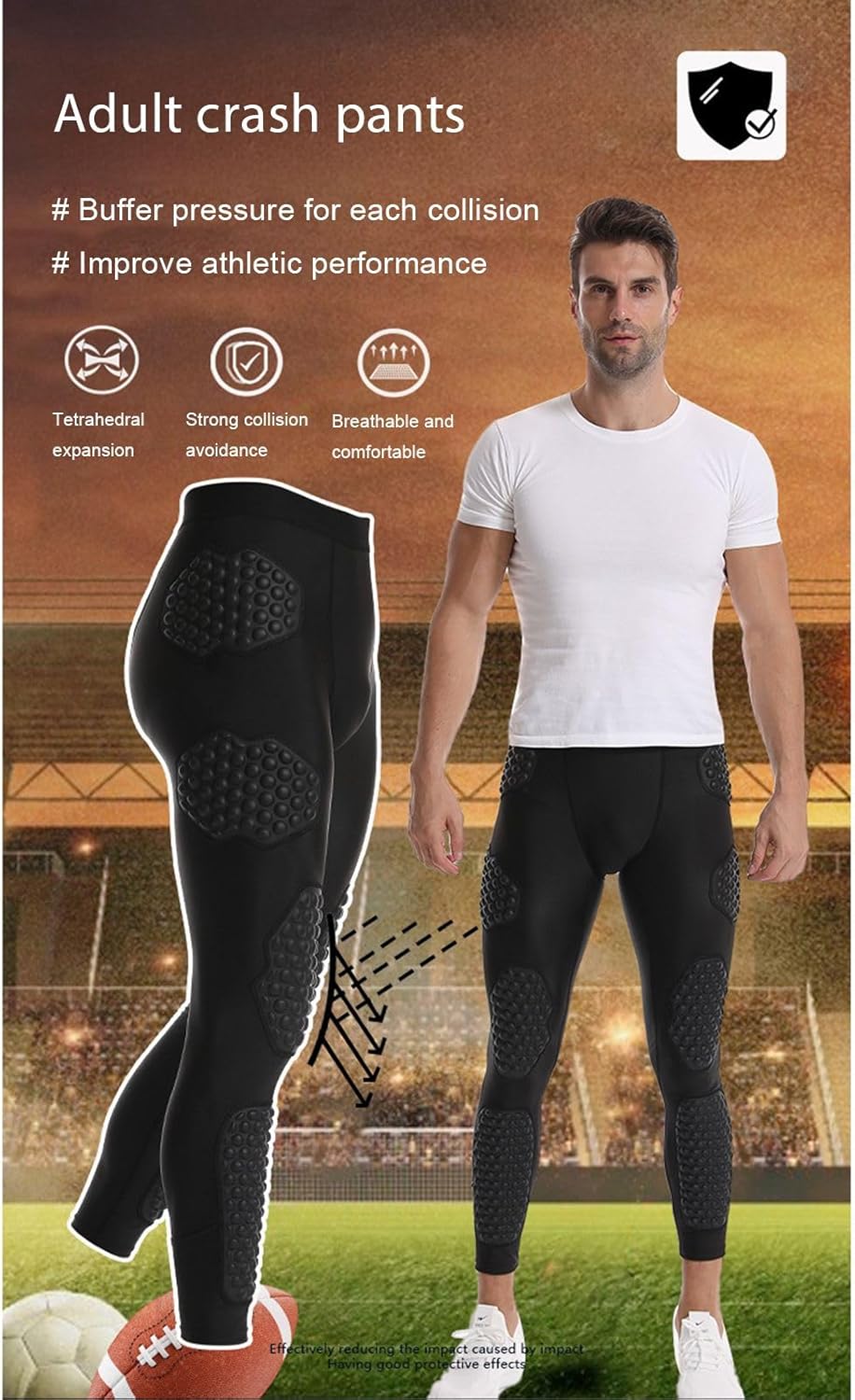 Hotfiary Men's Padded Football Pants with 9 Pads for Thigh, Hip, Tailbone, Knee and Shin Protection Compression Support