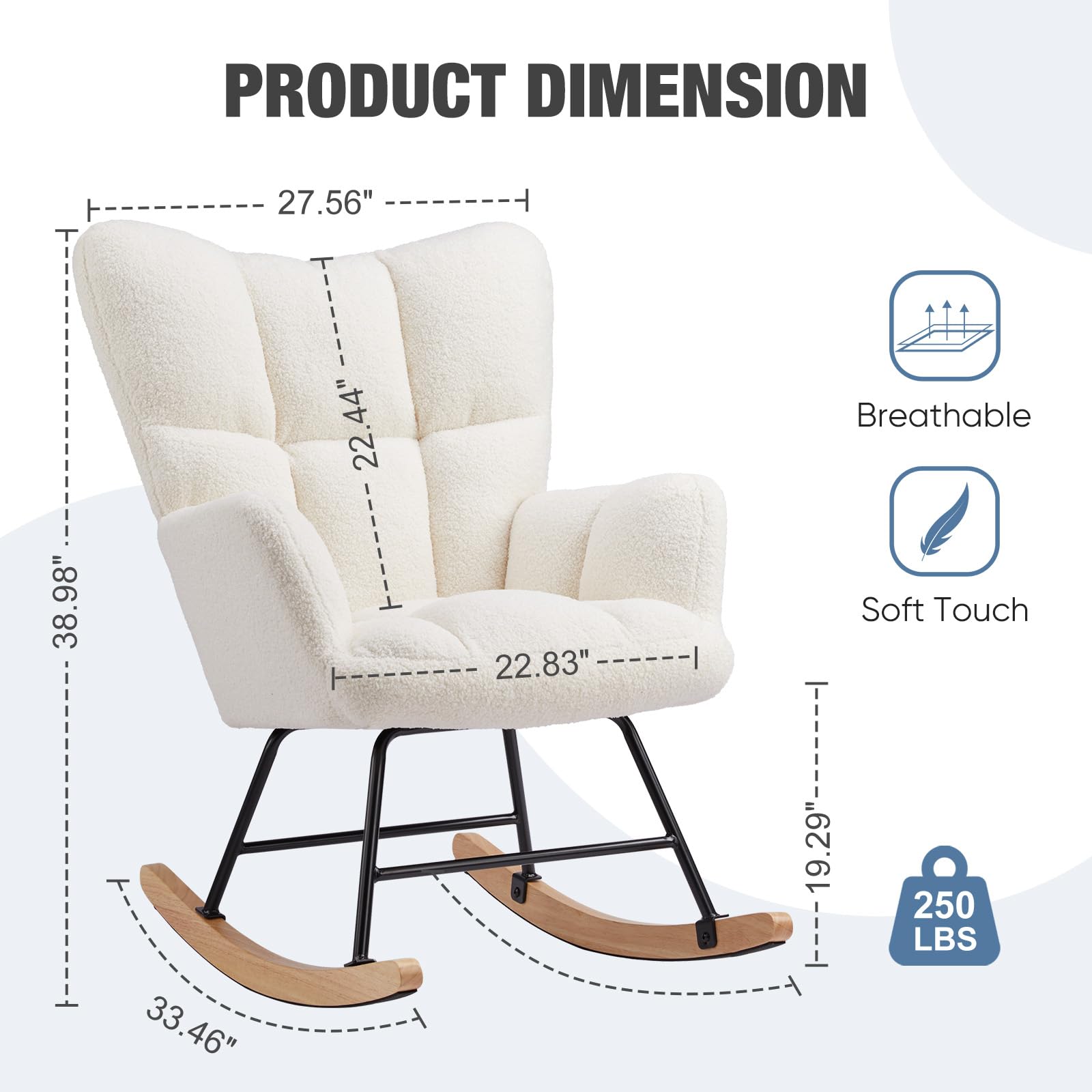 KMFurnila Nursery Rocking Chair Teddy Upholstered Glider Recliner with High Backrest Comfy Padded Seat Solid Wood Legs Steel Frame Thick Cushion for Living Room Bedroom, Cream