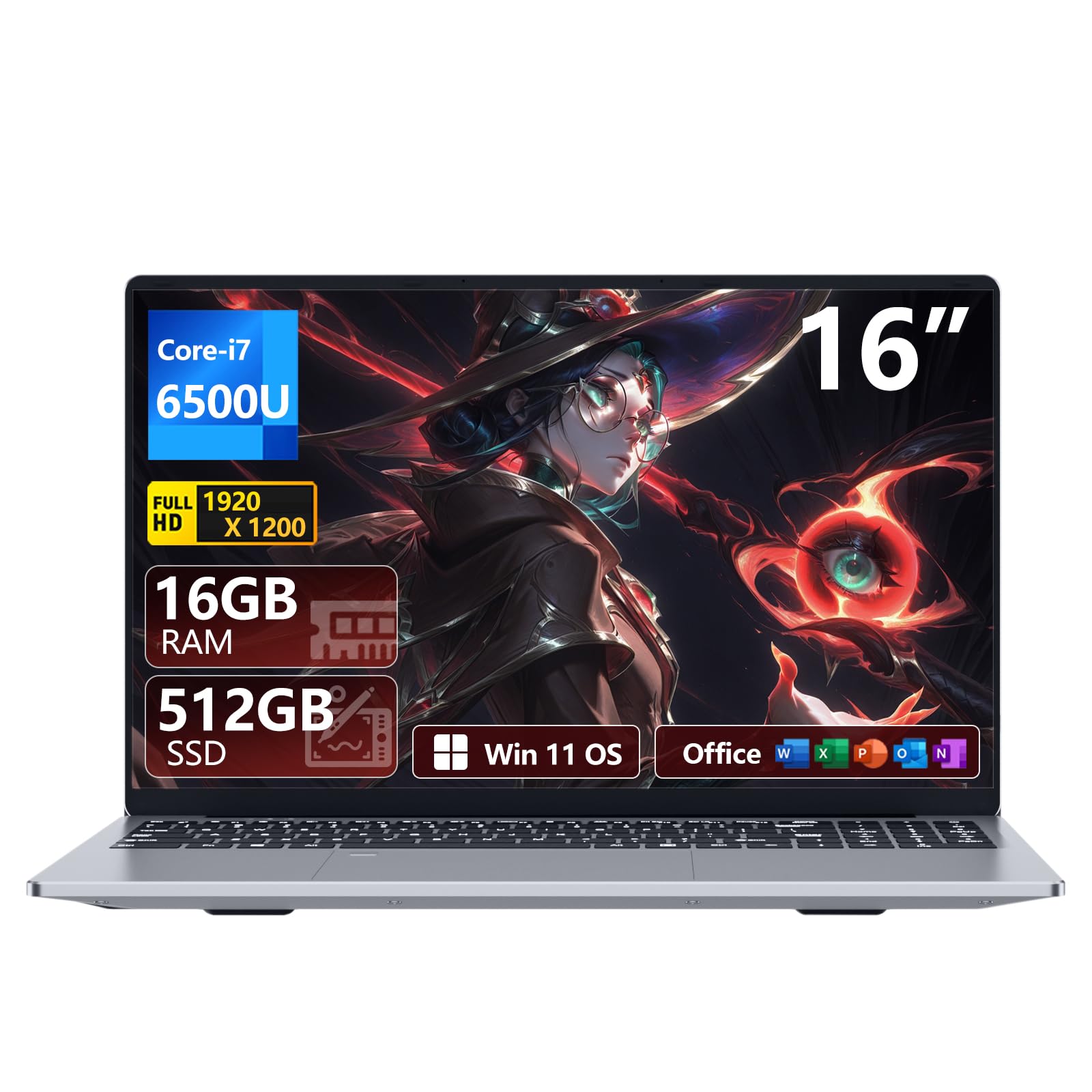 Ordinateur Portable 16 Pouces, PC Portable Win 11 16 Go RAM 512 Go SSD Processeur Core i7 6500U carte graphique UHD, Laptop 1980*1200 IPS FHD Écran pavé numérique/clavier rétroéclairé/Touch ID, WiFi5