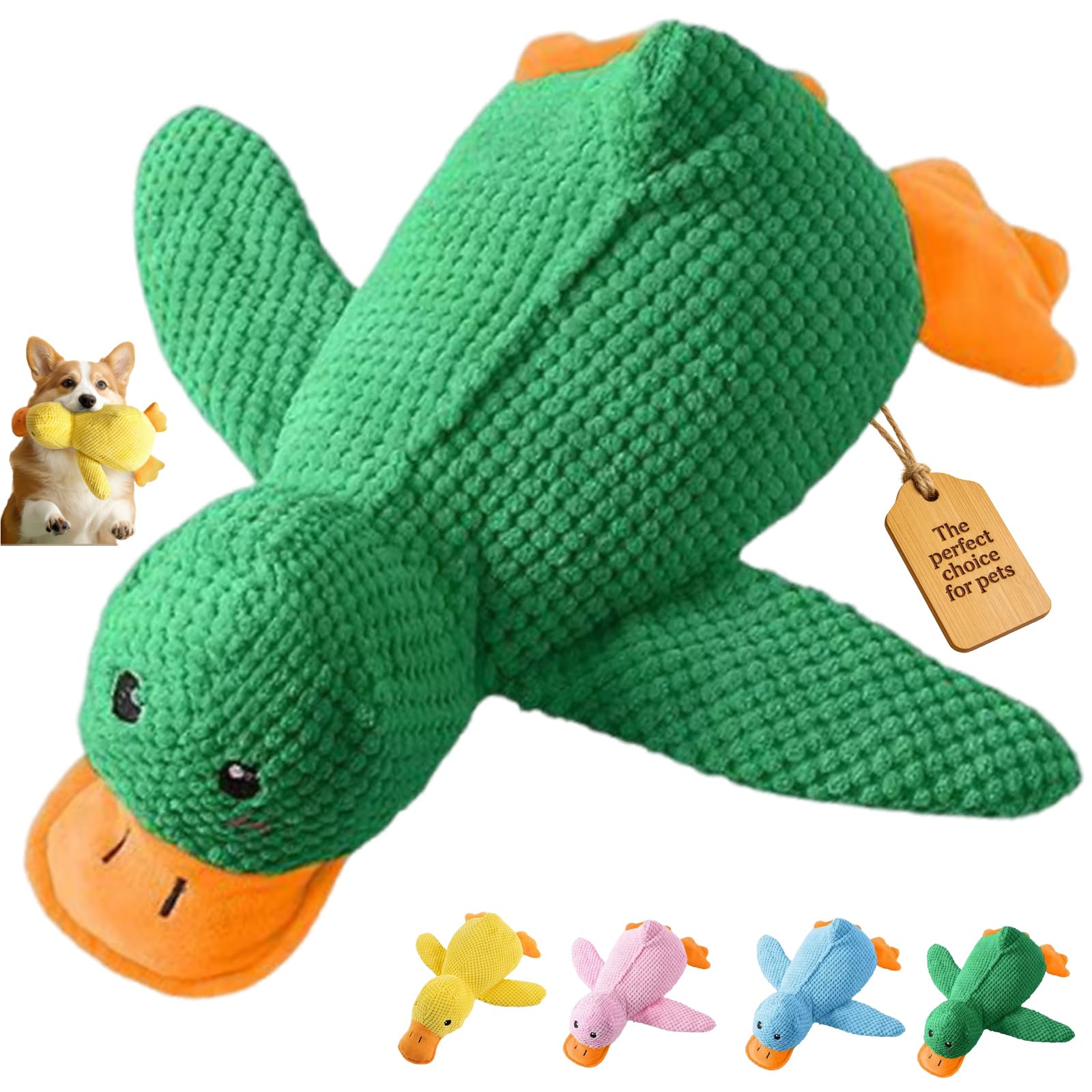 2026 New Calming Duck Toy for Dogs, Interactive Quacking Dog Toy with Quack Sound and Crinkle, Soft Plush Durable, Chew Doll with Squeaker for Pets Indoor and Outdoor (Green, M: 32 * 28CM)