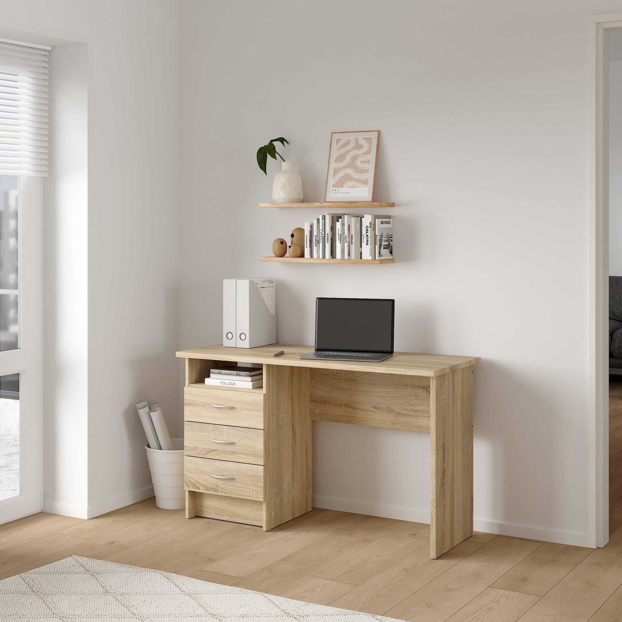 Mesa Escritorio para Ordenador Duero Oak con 3 Cajones en Color Roble 121 x 49 x 73 cm