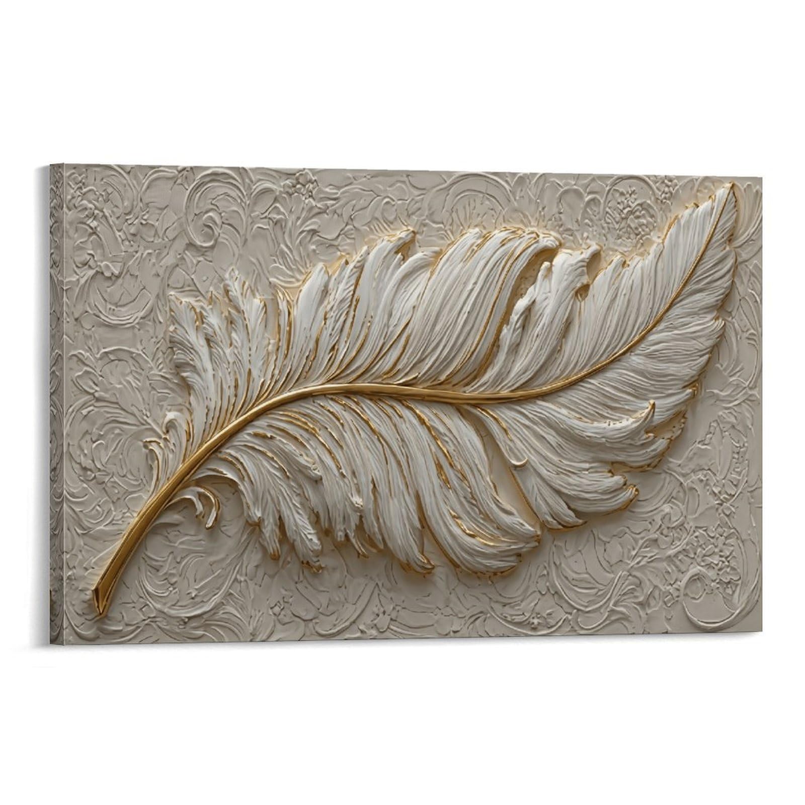 XPASHIQWC White & Gold Feather Wall Decor Poster Canvas Prints Picture Modern Canvas Wall Art Picture Wall Hanging for Living Room Bedroom Home Decorations 24x36inch(60x90cm)