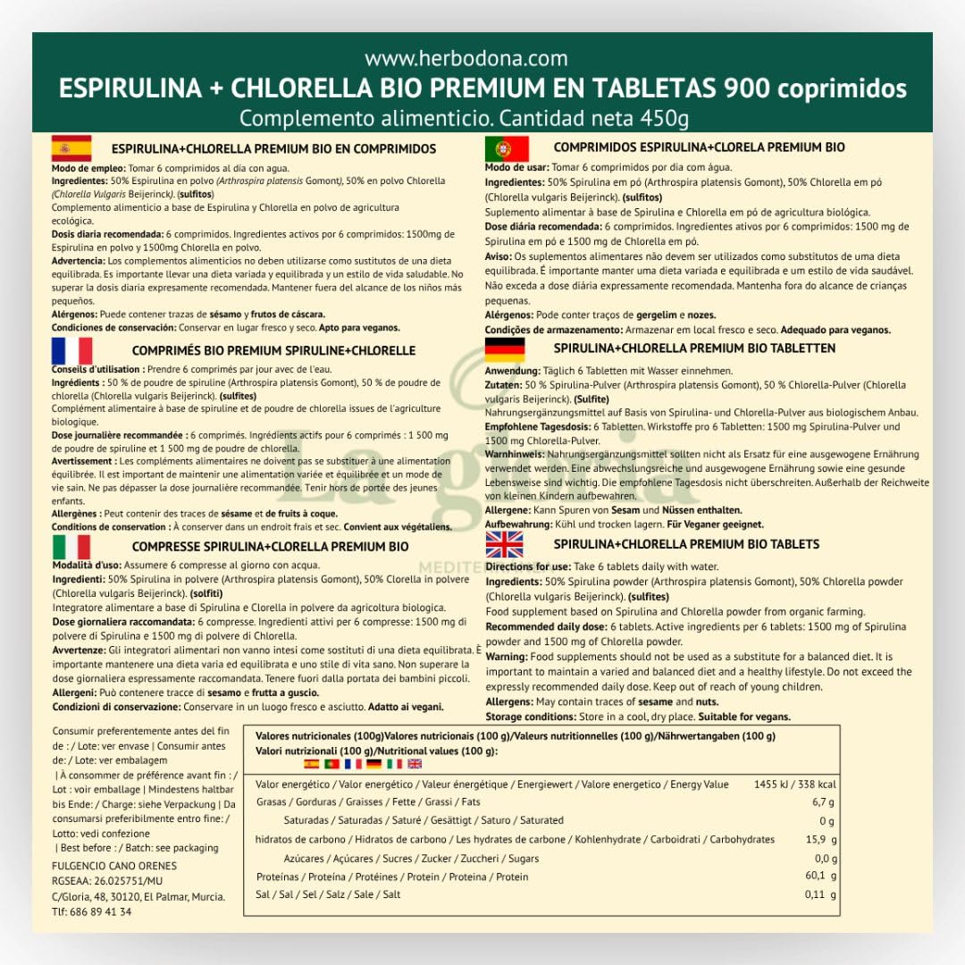 Espirulina y Chlorella Bio 900 Comprimidos | 225 días | Microalgas Ecológicas Detox, Proteína Vegetal Natural, Suplemento Vegano Energizante – La Gloria Mediterránea