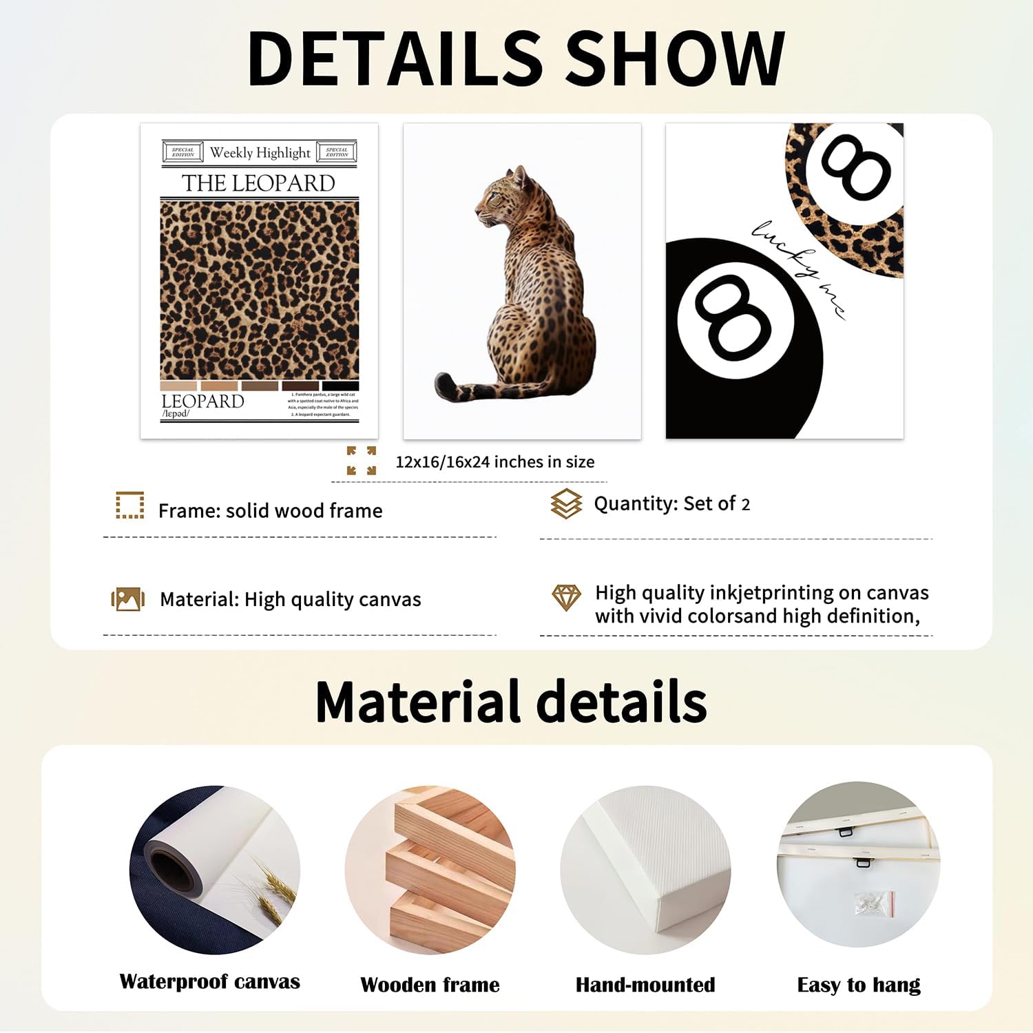 Black And White Framed Wall Art Set of 3-Trendy Leopard Canvas Art Prints Funky Lucky 8 Ball Posters Prints Preppy Room Aesthetic Cheetah Wall Decor Pictures For Bedroom Bathroom Living Room 16×24in