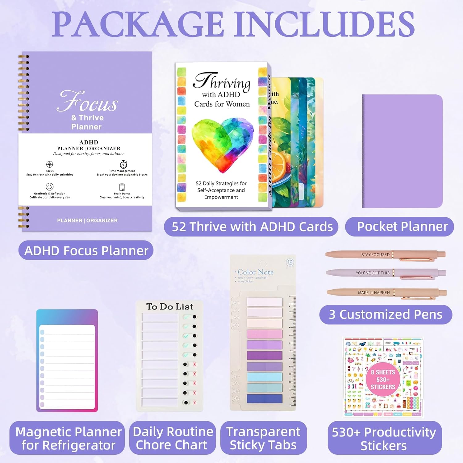 ADHD Tools Kit for Adult Women - 13-Piece Productivity & Focus Planner Set with Therapy Cards, ADHD Tools, Cleaning & Chore List, Pocket Planner, Stickers and Customized Pens - Image 2