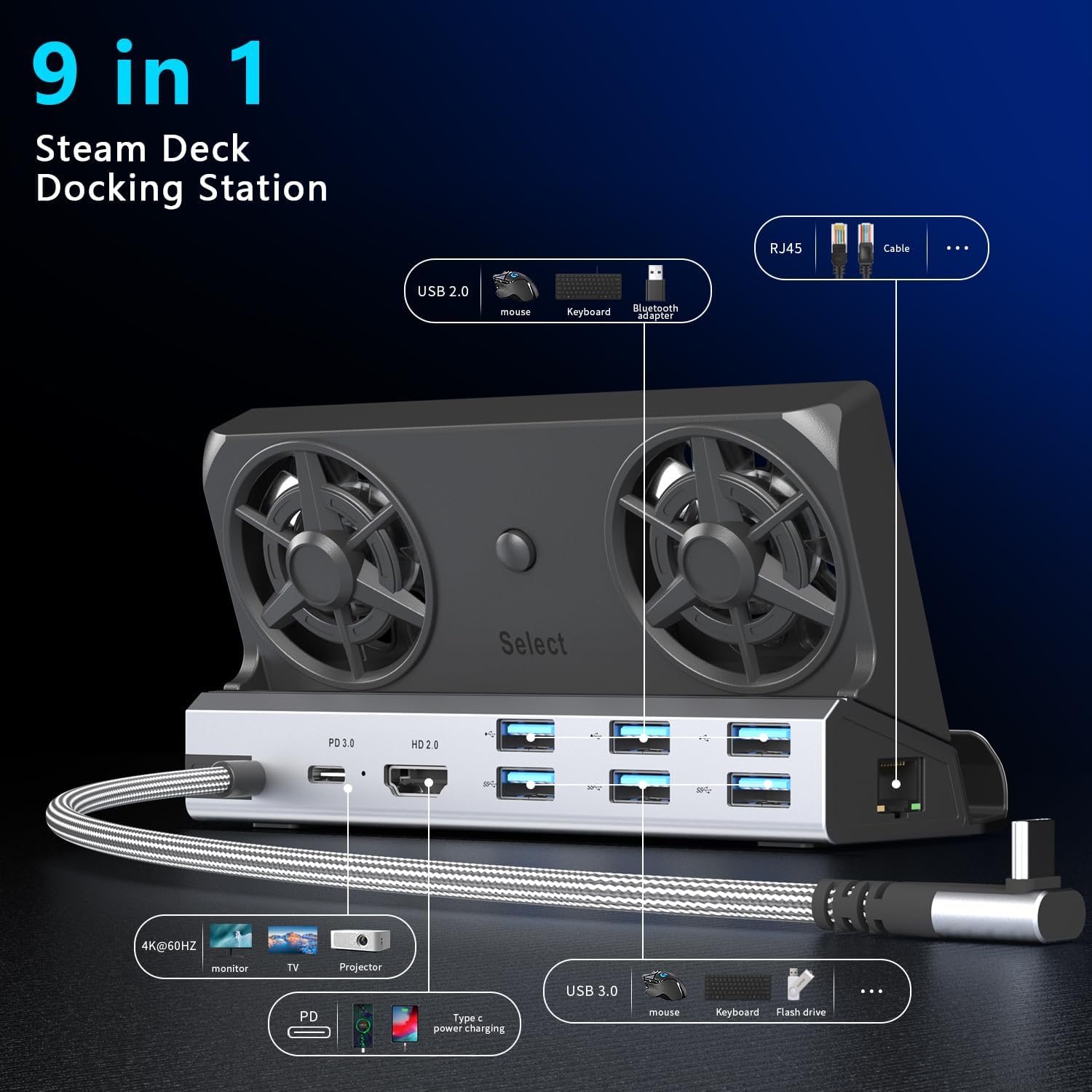 12-in-1 Steam Deck Docking Station for Steam Deck/Rog Ally/Switch/Legion Go Dual Cooling Fans 4K@60Hz,6 USB Ports,1000Mbps,Type C 100W PD 40Gbps Adapter