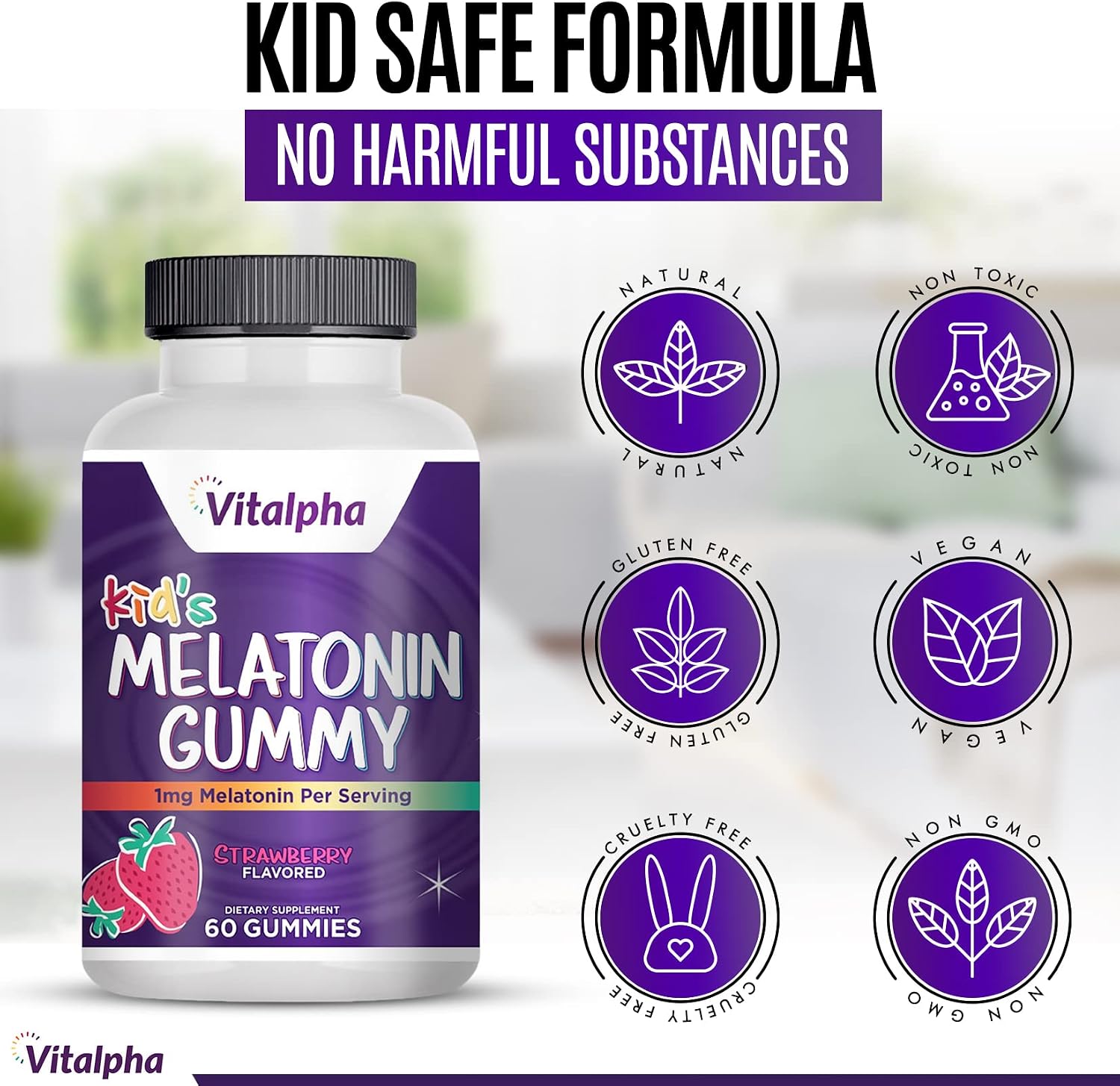 VITALPHA Melatonin Gummies – Tasty Sleep Aid Gummies for Kids – Melatonin 1mg Candy for Sleep Support – Natural and Vegan Sleeping Aid Gummies with Delicious Strawberry Flavor – 60pcs