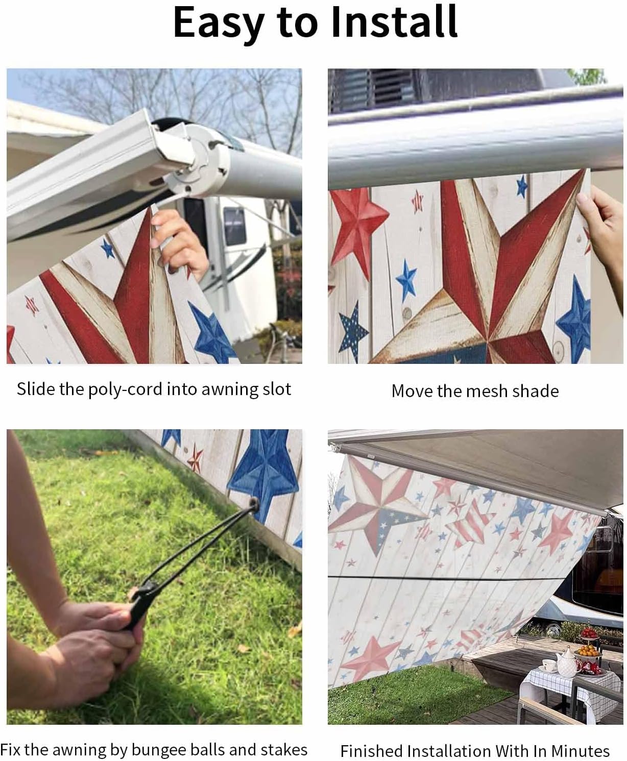 RV Awning Sun Shade Screen 9' x 15'3", 4th of July Mesh RV Awning Shades Complete Kits, Independence Day Star Vintage American Sunlight Blocker Outdoor Canopy for Camping Trailer Motorhome