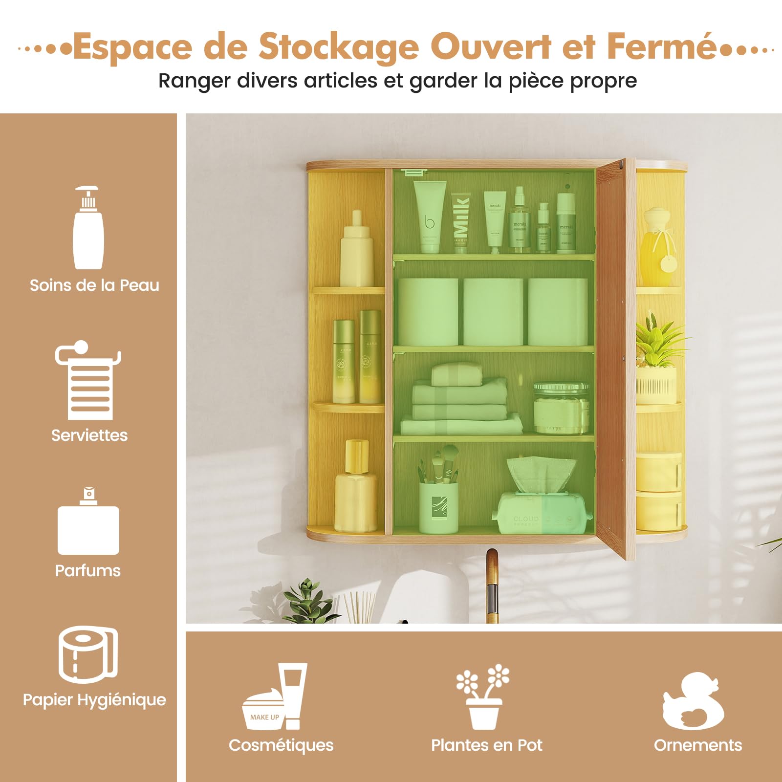 COSTWAY Armoire Murale de Salle de Bains avec Miroir avec Etagères Réglables et Compartiments Ouverts Armoire à Pharmacie pour Toilette (Naturel) (Naturel)