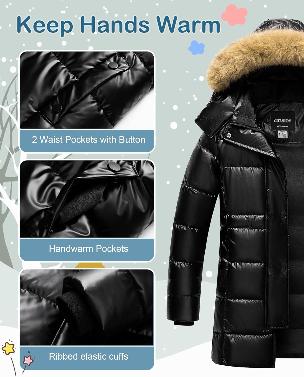 Girl's Puffer Jacket Kids Long Winter Coats Heavyweight Parka Warm Fleece Snow Outerwear with Removable Fur Hood - Image 5