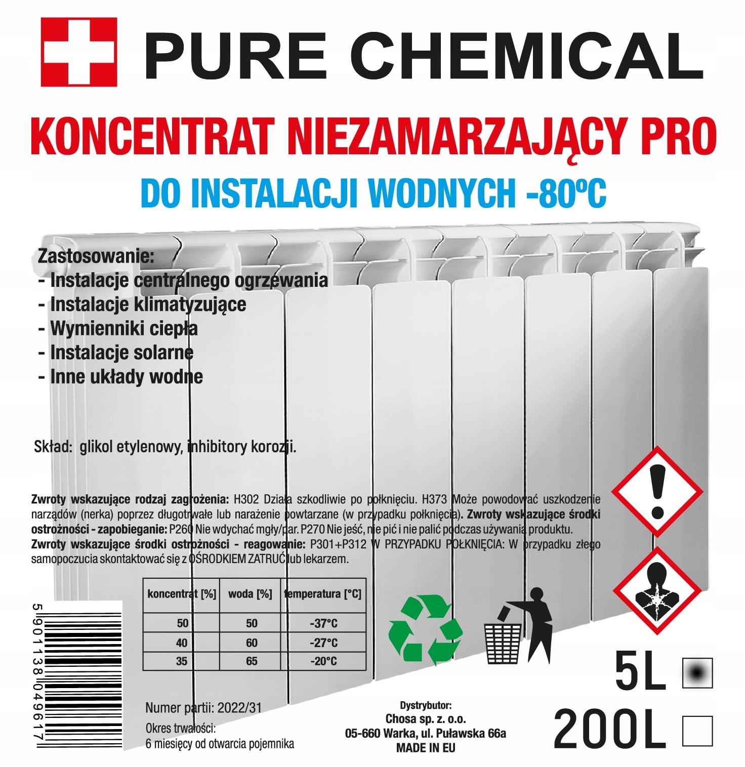 CHOSA Frostschutzmittel Konzentrat für Heiz- und Kühlsysteme 5 l | Korrosionsschutz, Hohe Leistung, Für Wärmepumpen und wasserummantelte Kamine, -80°C, Hdpe-Behälter Kanister 5 liter