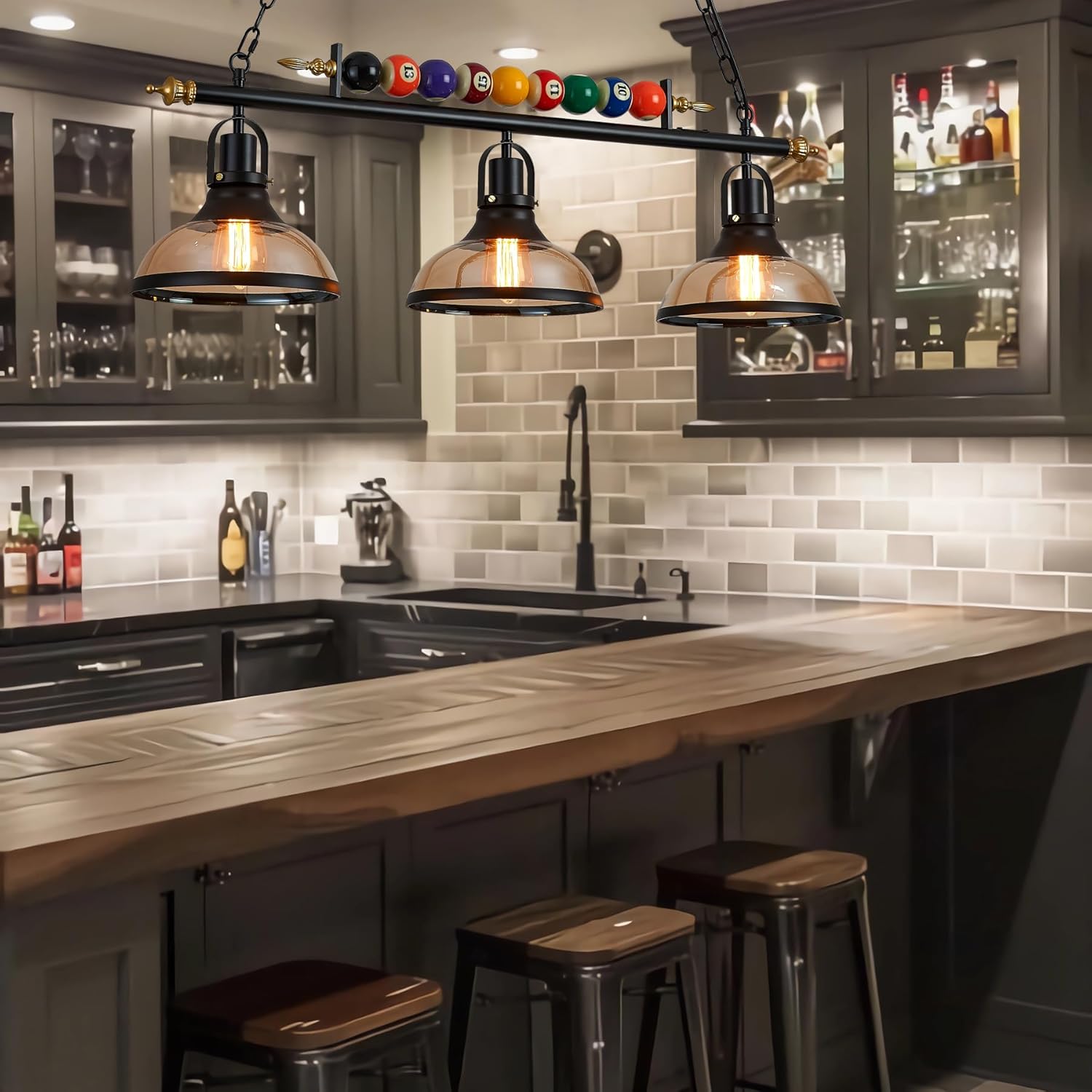 7'-8' Hanging Pool Table Light Billiard Pendant Light Adjustable Light, Retro Island Light Fixtures, Glass Shade,for Billiards Room,Snooker Table, Kitchen Island, Beer Party