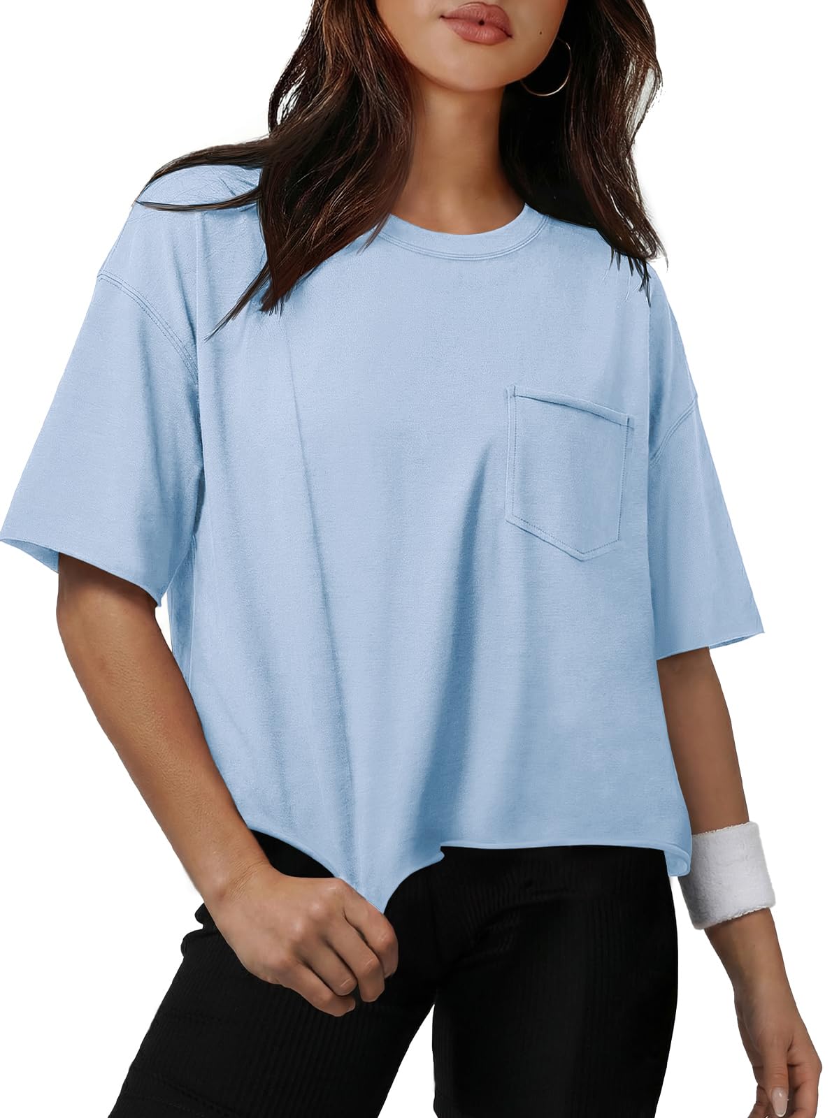 ATHMILE Womens Crop Tops Workout Shirts Gym Oversized Spring Summer Basic Tees Short Sleeve Casual Loose Drop Shoulder