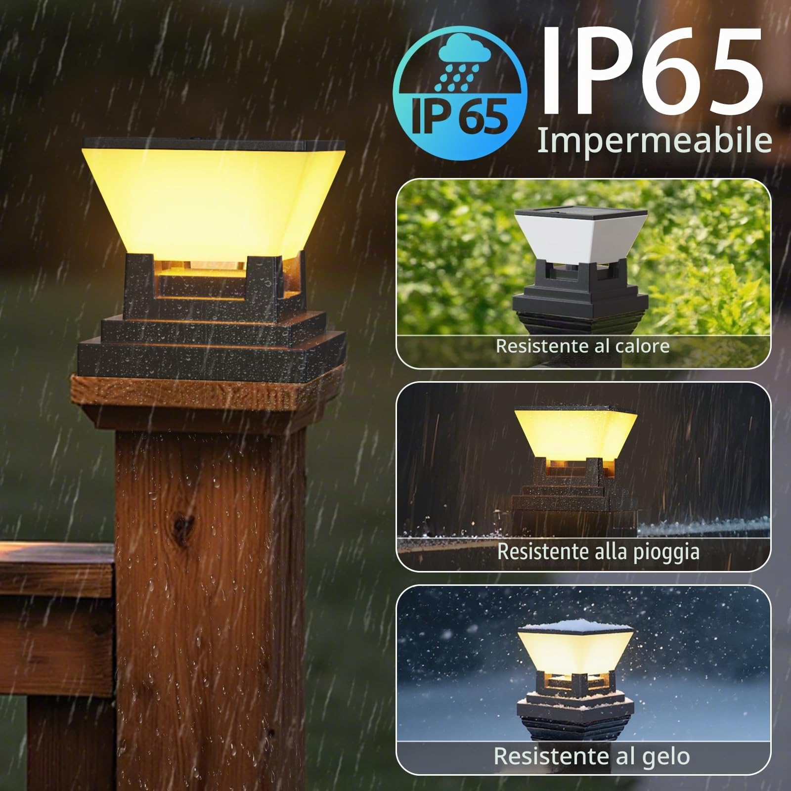 ACMHNC 2 Pezzi Lampioni Solari da Giardino, IP65 Per Pali 7-10 cm | Luci Solari er Pali, 3 Colori, Batteria 1500 mAh, Per Recinzione In Legno, Patio