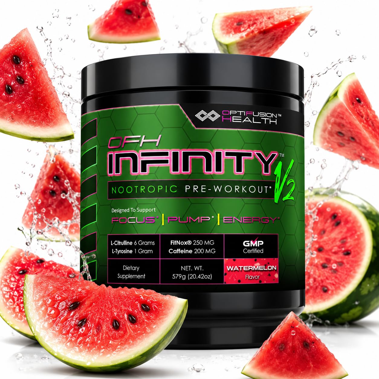OPTIFUSIONHEALTH Pré-treino em pó com citrulina, Alpha GPC e cafeína, sabor melancia, 30 porções