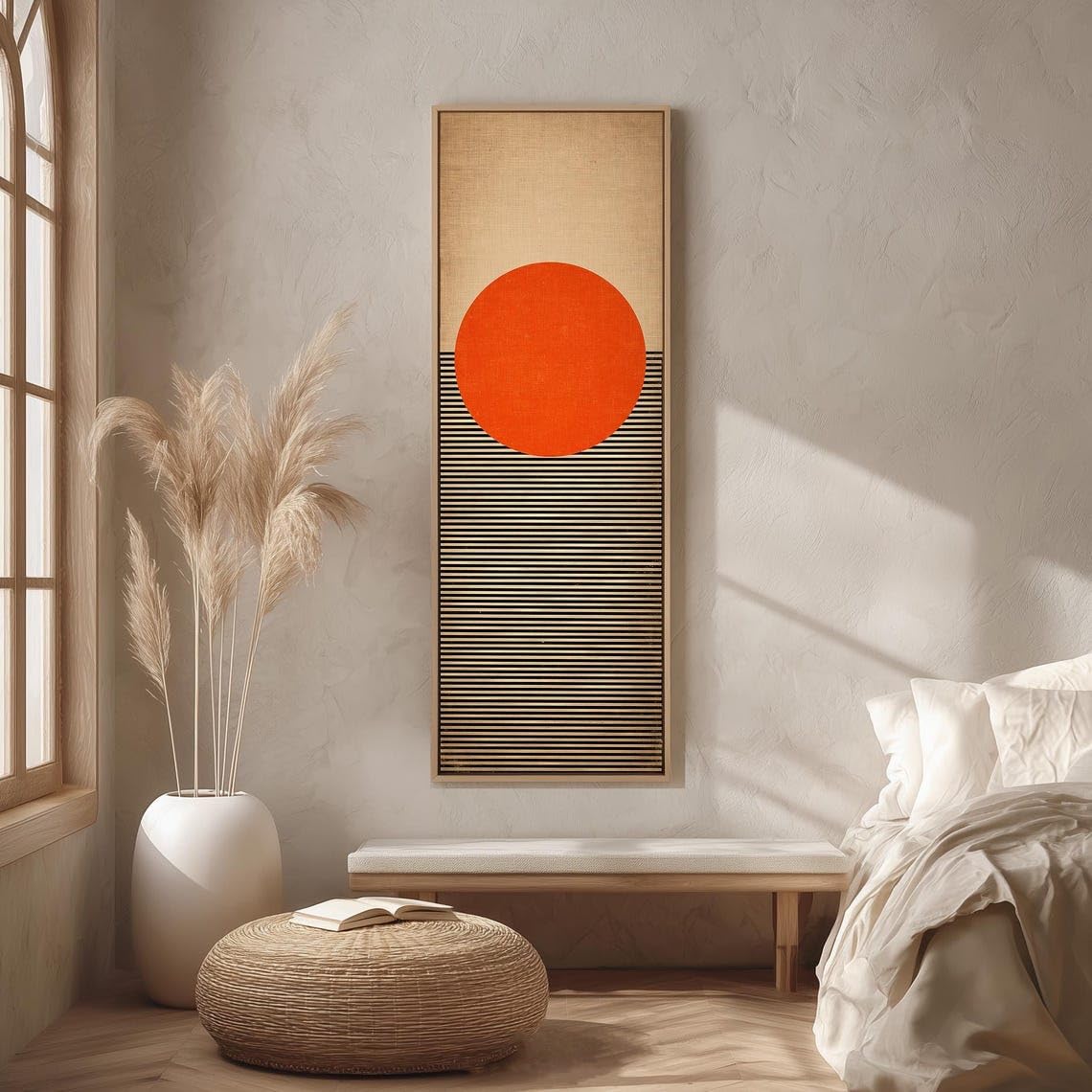 Xbtykpb Frameless Retro Sun Art, Vertical Geometric Line Canvas,Tall Narrow Abstract Print, Beige Black Decor, Mid Century Canvas Wall Art(30X90cm/Frameless)