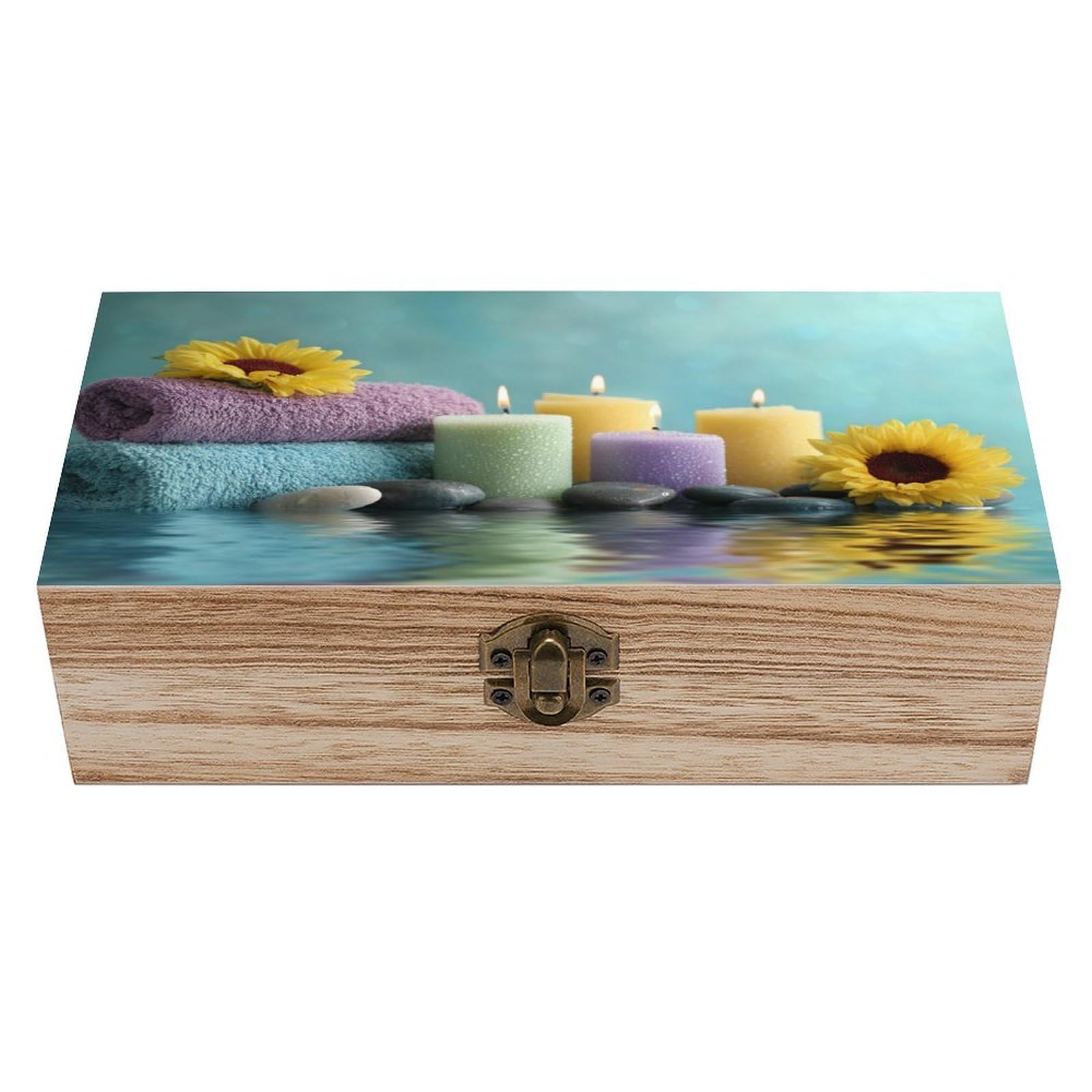 Spa Setting Candles Sunflowers Stones Wooden Storage Box with Hinged Lid