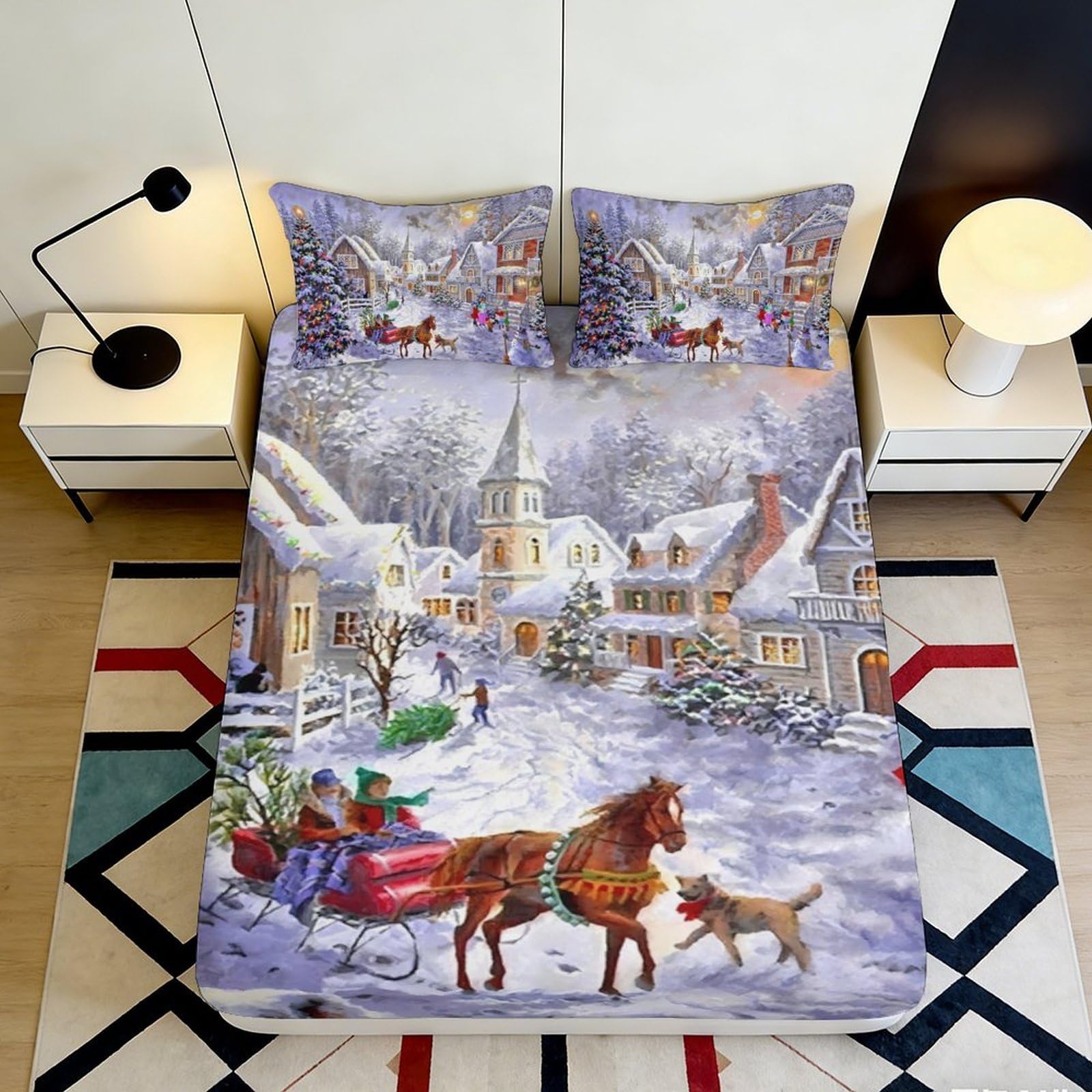 3D Printed Winter Village Fitted Sheet Microfiber Soft Snow Scene Bed Cover for Bedroom Guest Room Decor 200x200x25cm