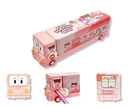 RIANZ Bus Pencil Box for Kids with Moving Tyres & Sharpener Geometry Case for Boys & Girls (Pink)