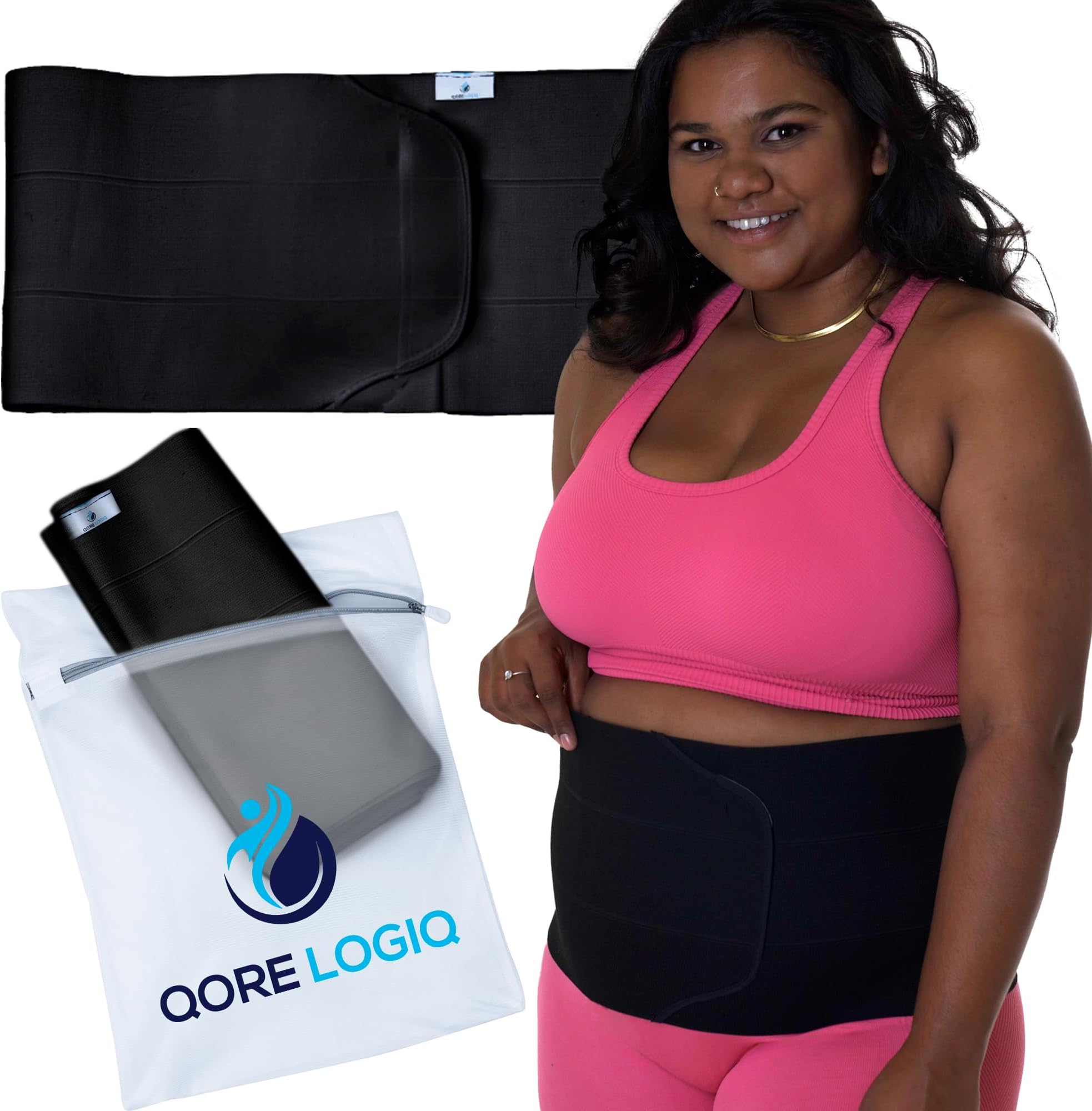 QORE LOGIQ Plus Size Abdominal Binder Post Surgery - C Section Belly Binder, Postpartum Belly Band, Adjustable 9" Compression Wrap for Stomach & Hernia Belt, Black XL