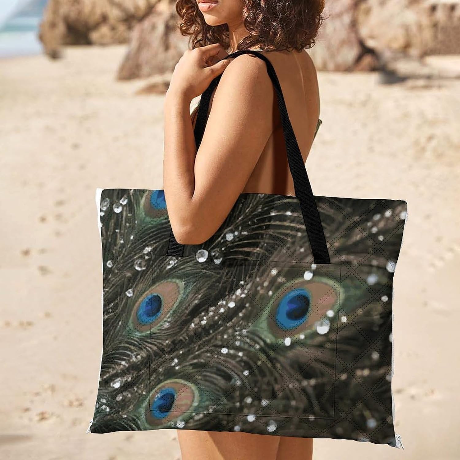 Peacock Picnic Blanket 150x150cm, Foldable 2-in-1 Picnic Mat and Tote Bag Portable Waterproof Beach Mat Sandproof Outdoor Blanket for Park, Hiking, Beach, Camping, Travel