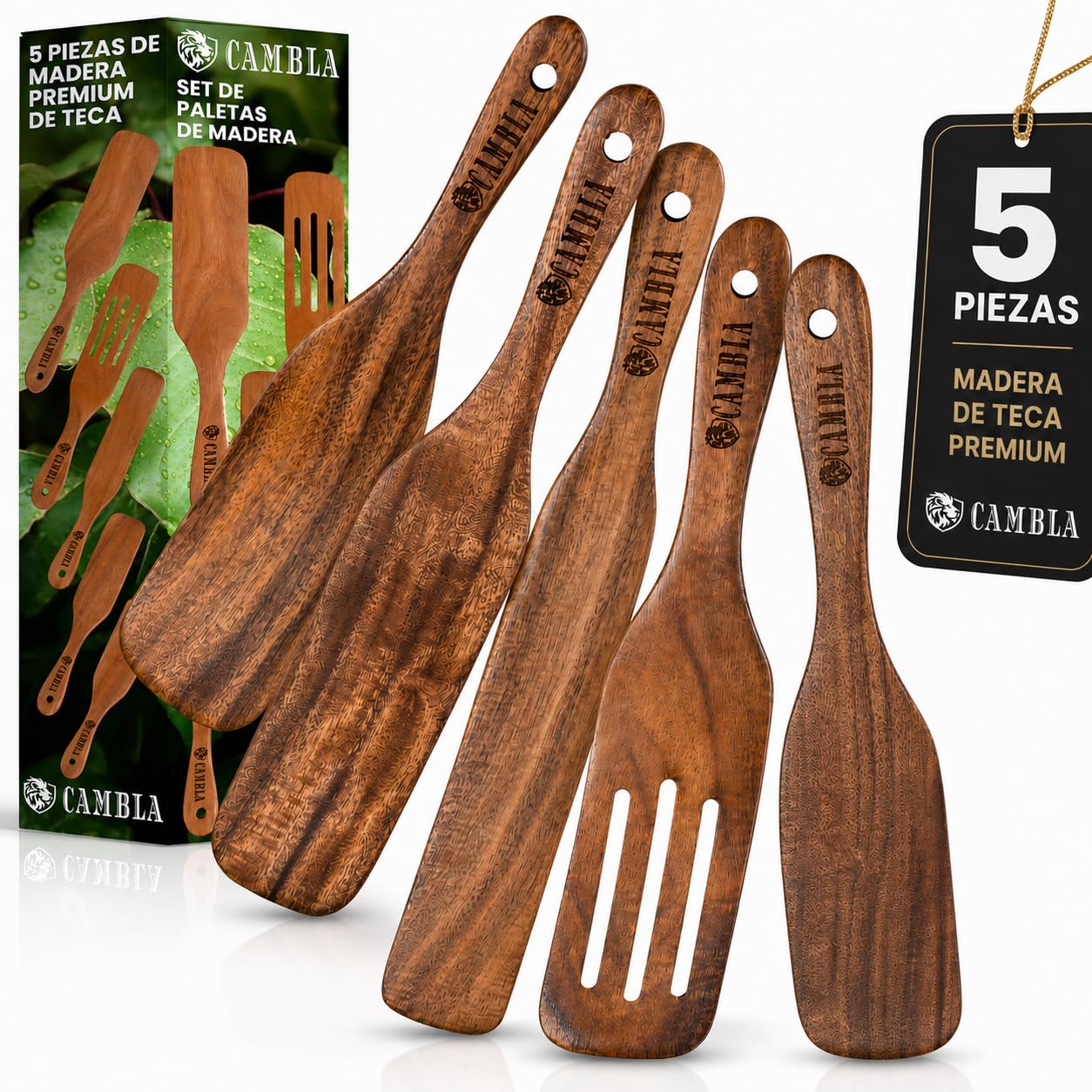 Spatole da cucina in legno - Set di 5 utensili da cucina in legno di teak, resistenti e antiaderenti, ideali per girare, spalmare, servire e mescolare.