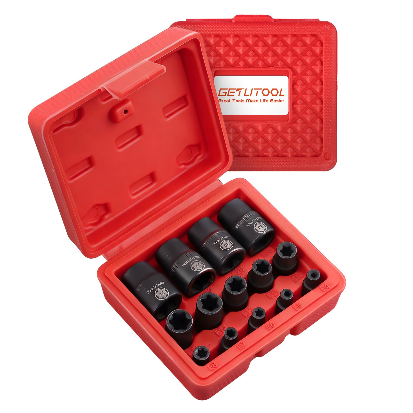 GETLITOOL 14tlg.Steckschlüsselsätze E Torx Nuss Set, Stück Adapter 1/4"(E4, E5, E6, E7)&3/8"(E8 E10, E11, E12, E14, E16) Außentorx Steckschlüssel Satz für Auto, CRV, Schwarz