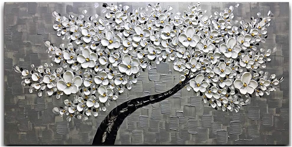Desihum - Modern Canvas Paintings Texture Palette Knife White Flowers Paintings Home Decor Wall Art 3D Flowers Wall Decoration Abstract Painting Wood Inside Framed Ready to Hang(24"x48")