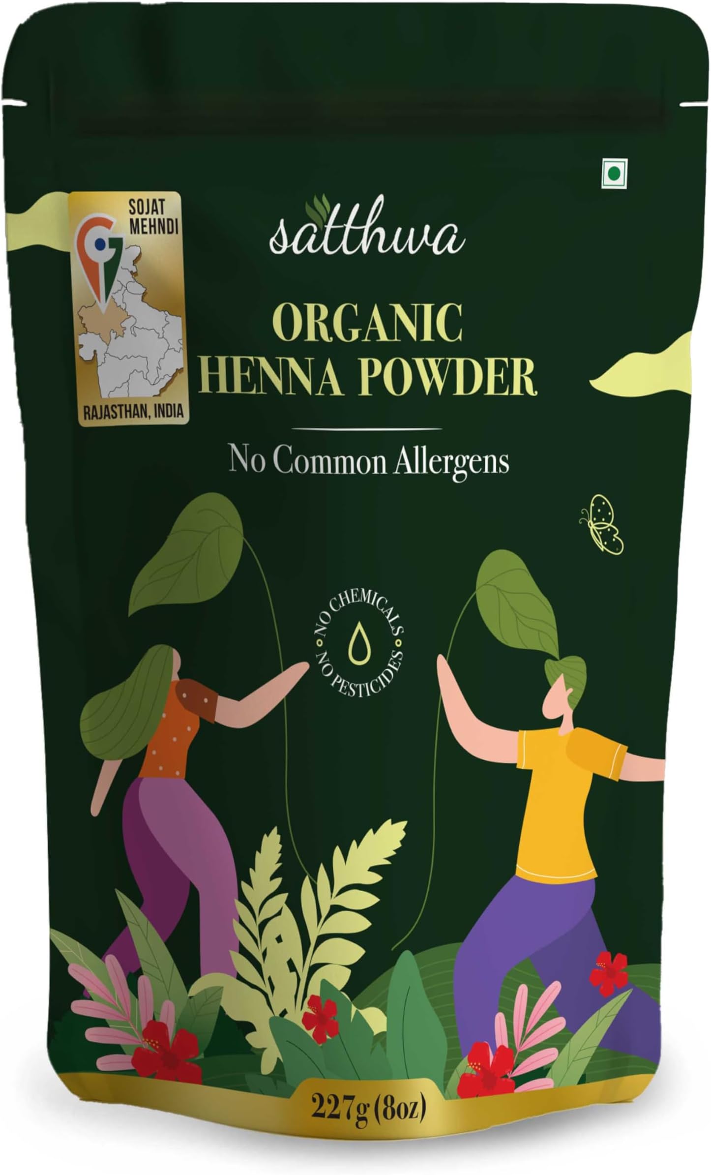 Satthwa Organic Henna Powder (Mehndi Powder)| 227gm (8oz) | 100% Pure and Natural Lawsonia Inermis | Henna for Cools Scalp, Nourishes & Deep Conditions, Rich, Brown Hair Colour and Covering Greys