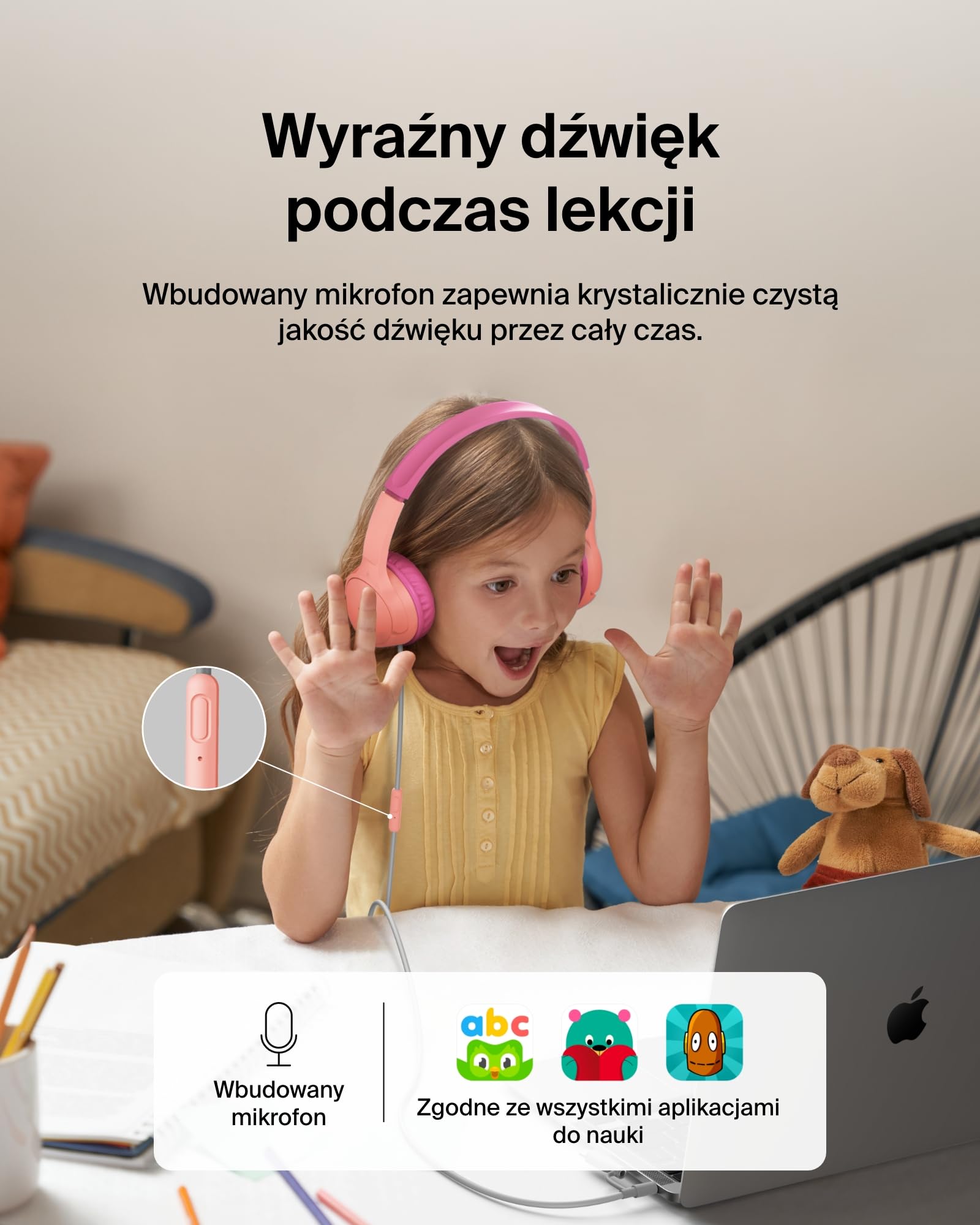 Belkin SoundForm Mini Słuchawki Dzieci Przewodowe, przejściówka USB-C do 3,5 mm, mikrofon, naklejki, maks. głośność 85 dB – nauka online i podróże, do urządzeń iPhone, iPad, Galaxy – Różowe