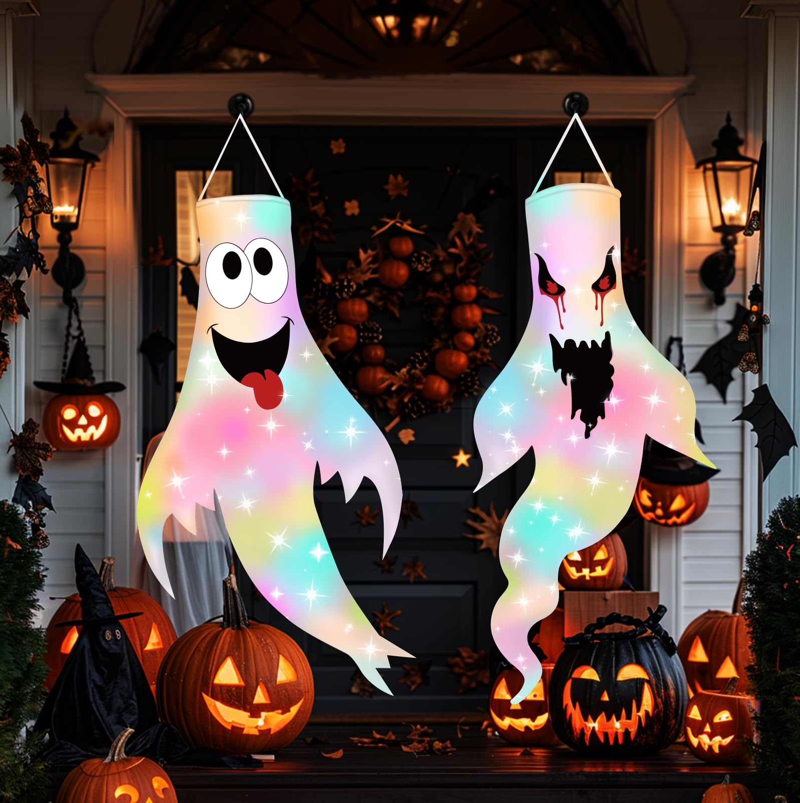 47" Halloween Decorations, 2 Pack Hanging Ghost Windsocks with LED Light, Multicolor, Outdoor Home Decor