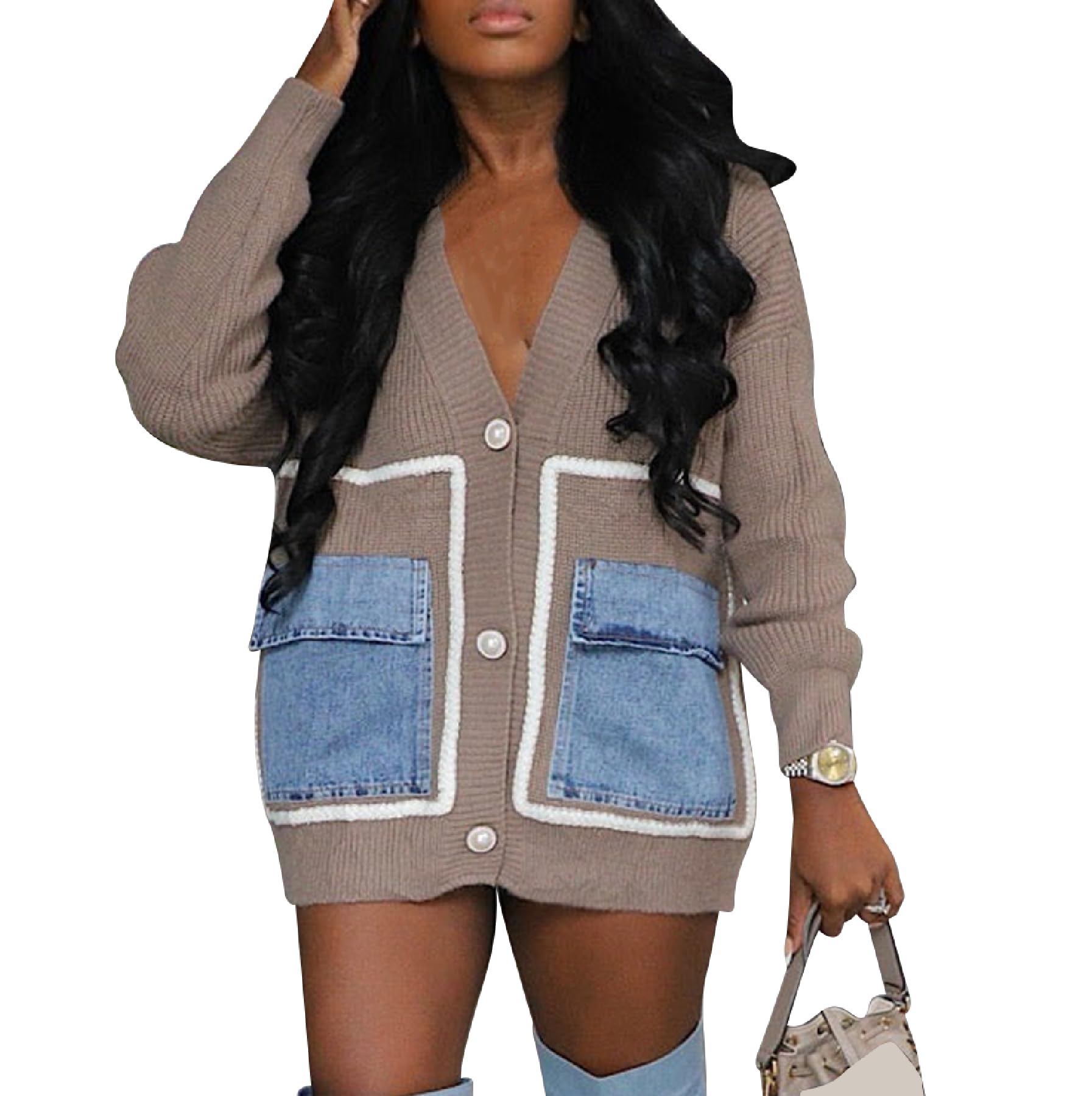 Seltaon Womens Cardigan Sweaters Oversized Chunky Button Down Cardigans Long Sleeve Sweater Jacket Coat with Denim Pockets