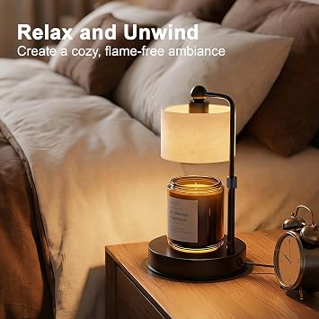 Candle Warmer Lamp with Timer and Dimmer, Height Adjustable Electric Candle Warmer Lamp for Jar Candles, Includes 2 Bulbs, Birthday Gifts for Women, Housewarming Gifts for Mum Her, Beige Linen Look [Energy Class E]