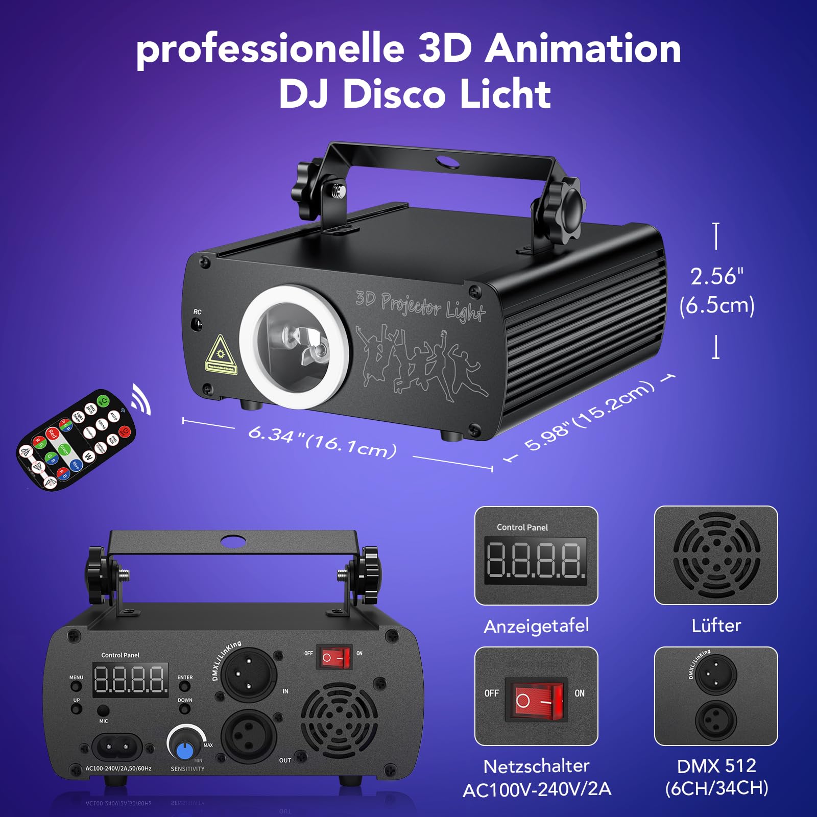 KeoBin 3D RGB Animations DJ Discolicht mit Fernbedienung | Dutzende Strahl- & Grafikmuster, Musiksteuerung, 34CH DMX512, Auto, Master-Slave, Zoom & Rotation für Club, KTV & Live Shows