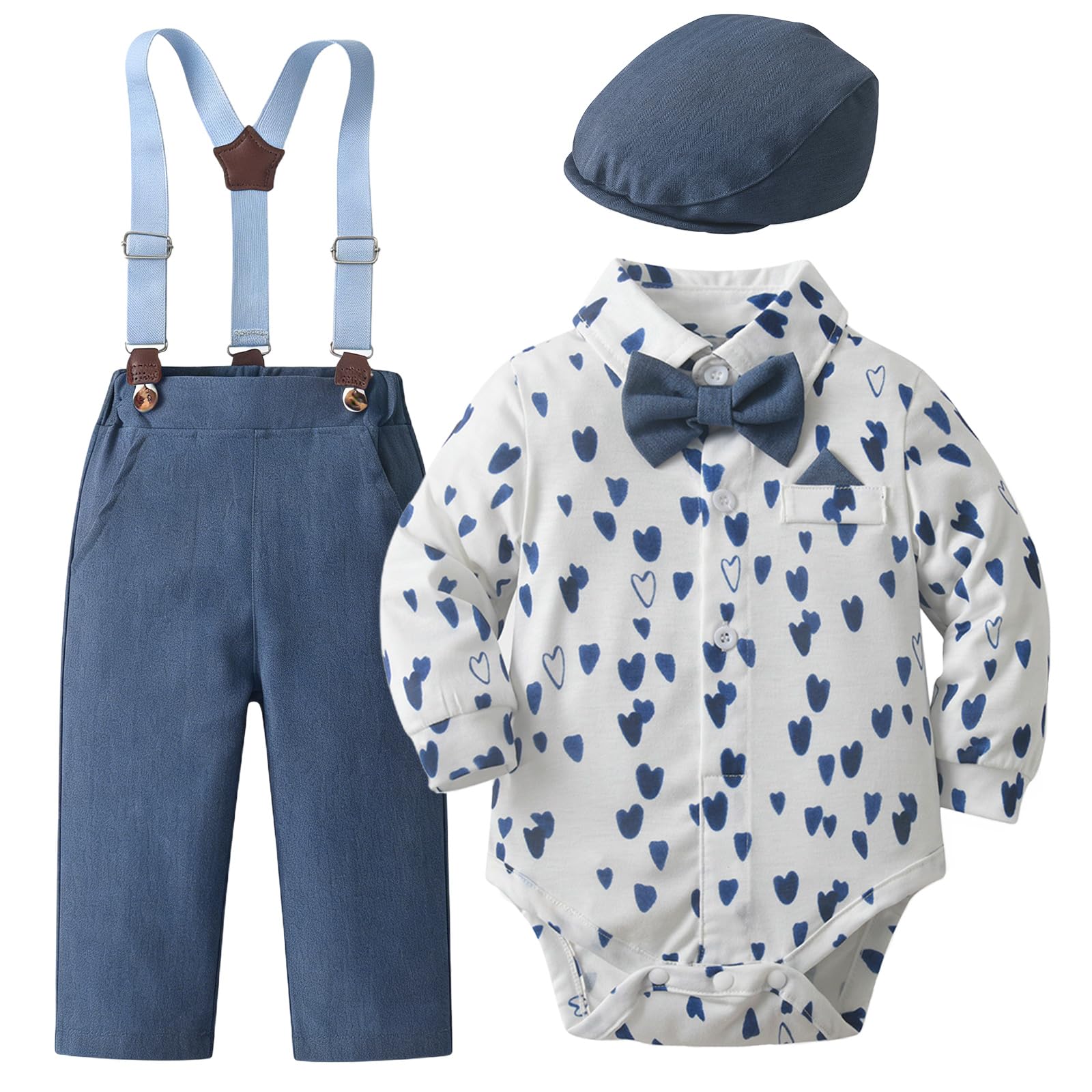 Set completo per neonato body con bretelle e papillon e berretto piatto, completo elegante da cerimonia per neonato, abito da gentiluomo per matrimoni, battesimi e compleanni, 0-18 mesi