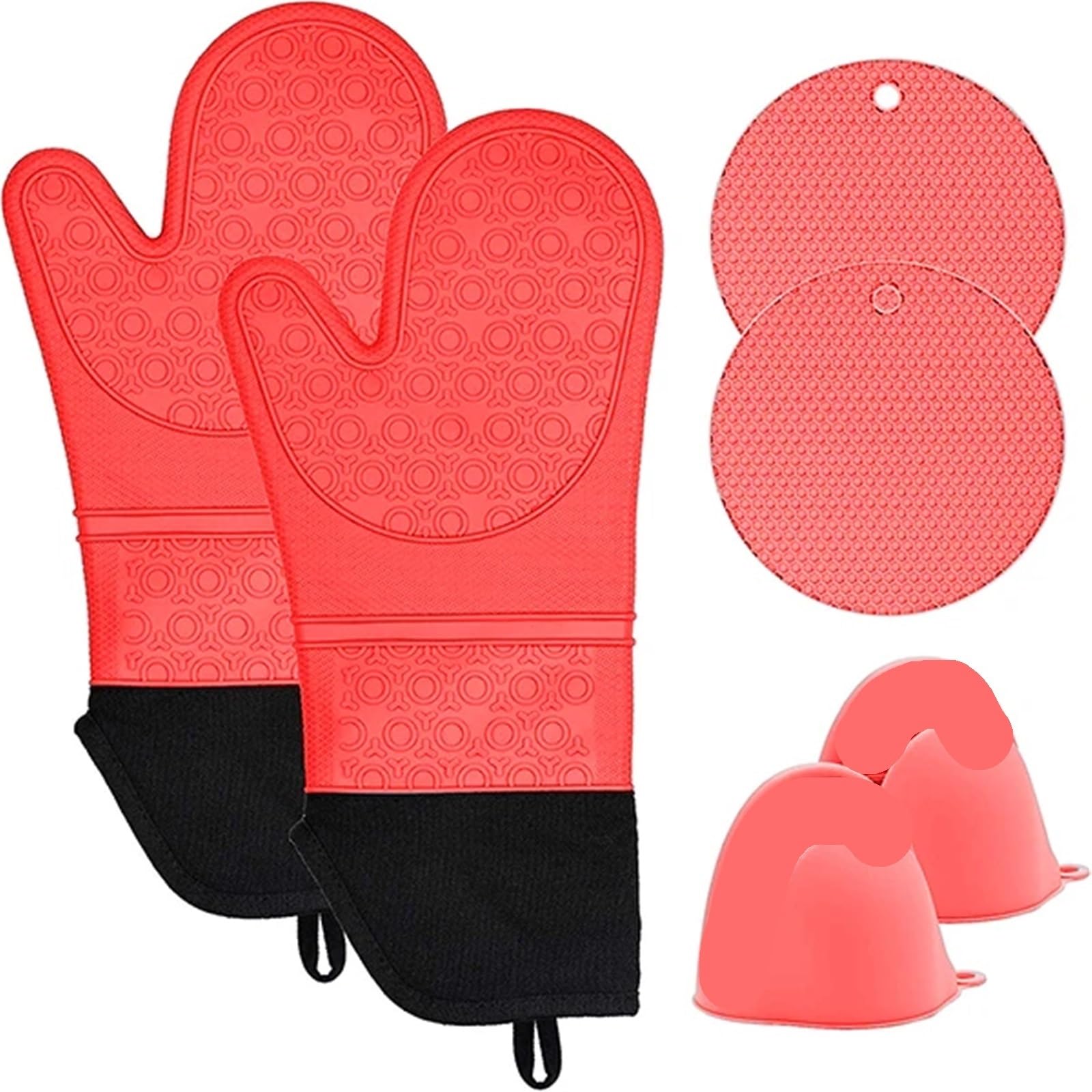 Professional Silicone Oven Mitts And Pot Holders 6Pcs Set Heat Resistant Long Kitchen Glove For Grilling Cooking Baking(Red)