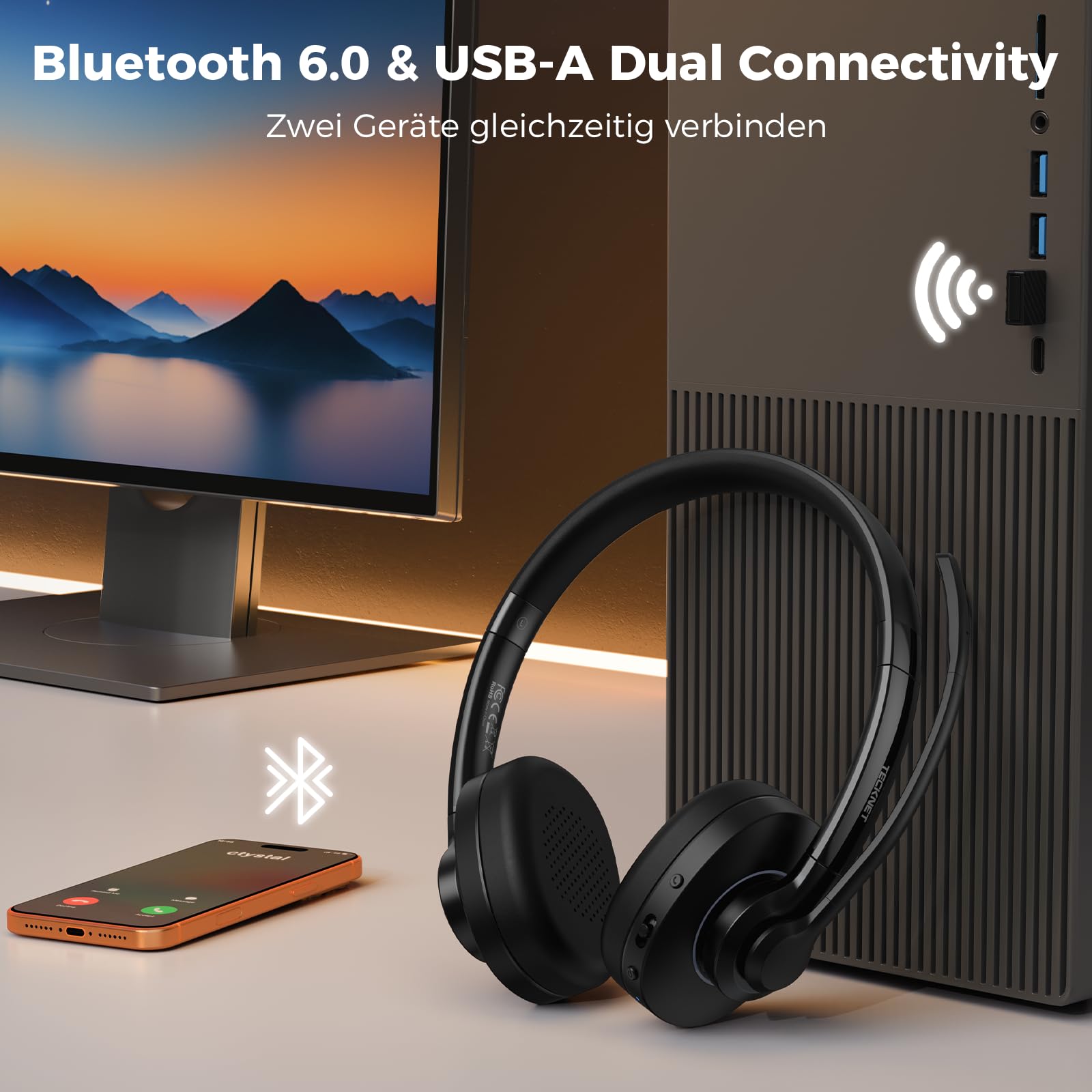 TECKNET V6.0 Bluetooth Headset mit Mikrofon,Wireless Headset mit AI Noise Cancelling Bluetooth Kabellos Kopfhörer PC On Ear mit USB-C Empfänger Büro/Trucker/Callcenter - 50+ Std. Akku