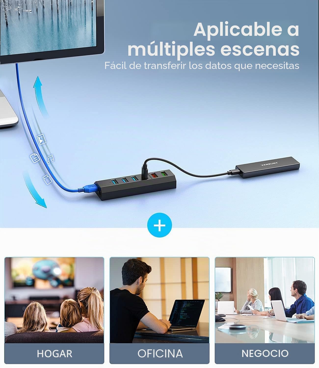 Vansuny Hub USB 3.0 Alimentado 6 en 1 Concentrador USB Multipuerto con Alimentación Externa Alta Velocidad 5Gbps Compatible con PC/MacBook/Disco Duro/Teclado/Ratón y Más