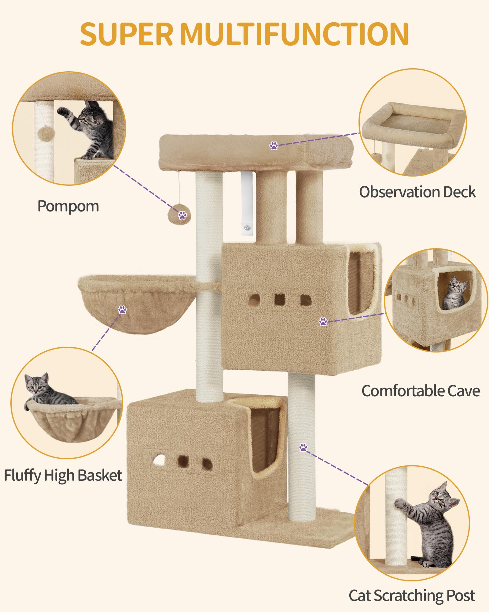 Hzuaneri Tiragraffi per gatti, 98 cm, piccolo, marrone cammello | Tiragraffi a più piani con posatoi, mobili per gatti con 2 grotte, tiragraffi in sisal, amaca, grotta, MS10018LCV1