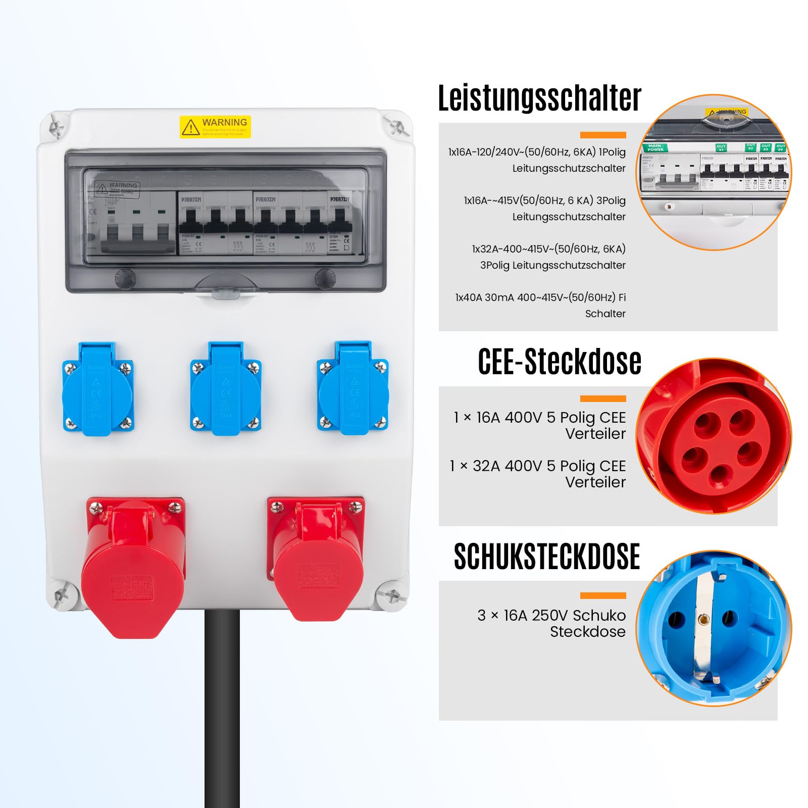 Industrieverteiler für Baustellen FI/LS Schutzsystem IP65 Gehäuse mit Steckdosen IP44 für Baustellen Industrie (1X32A 3X16A 1X40A LS+FI)