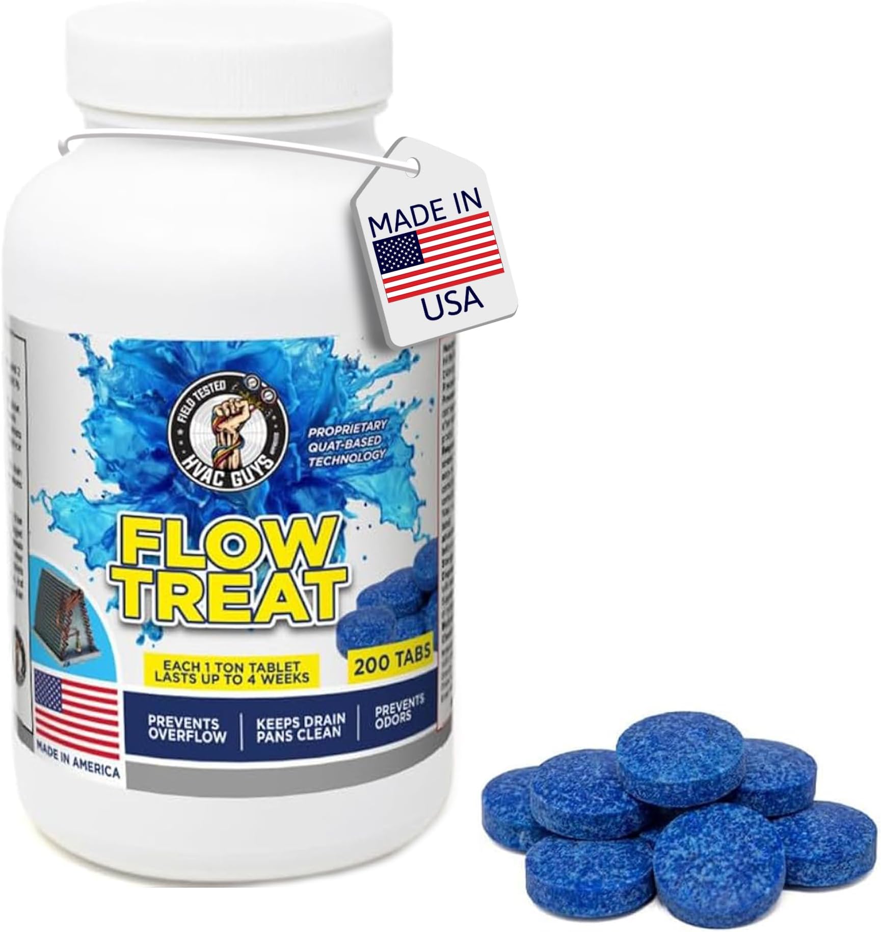 HVAC GUYS – Flow Treat Tabs - 200 Tablets | AC Drain Line Cleaner | Prevents Odors, Keeps HVAC Drain Pan Clean, Prevents Overflow | One Tablet Lasts up to 4 Weeks